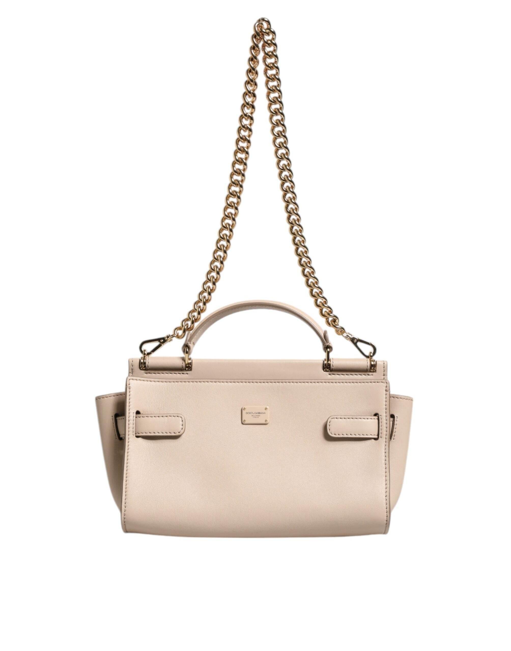 Dolce & Gabbana Beige Logo Plaque Leather Top Handle Strap Crossbody Bag - Hilstor