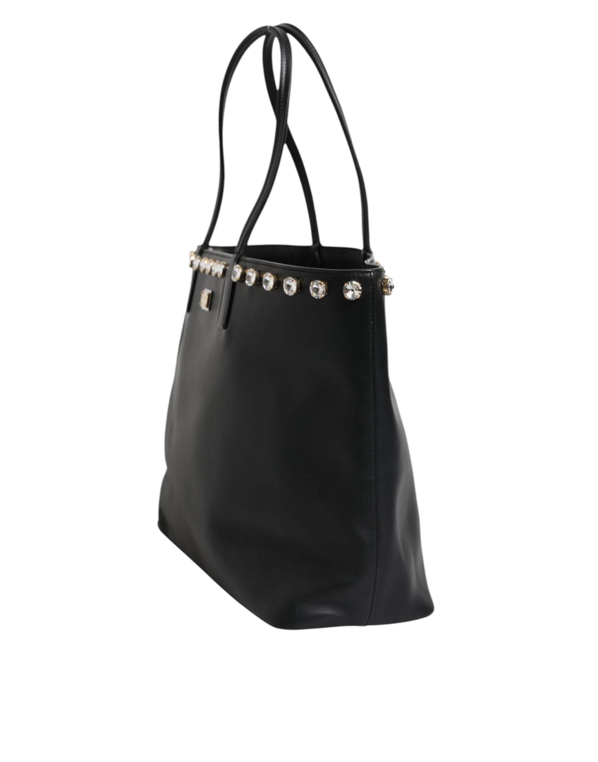 Dolce & Gabbana Black Crystal Leather Shopping Women Tote Bag - Hilstor
