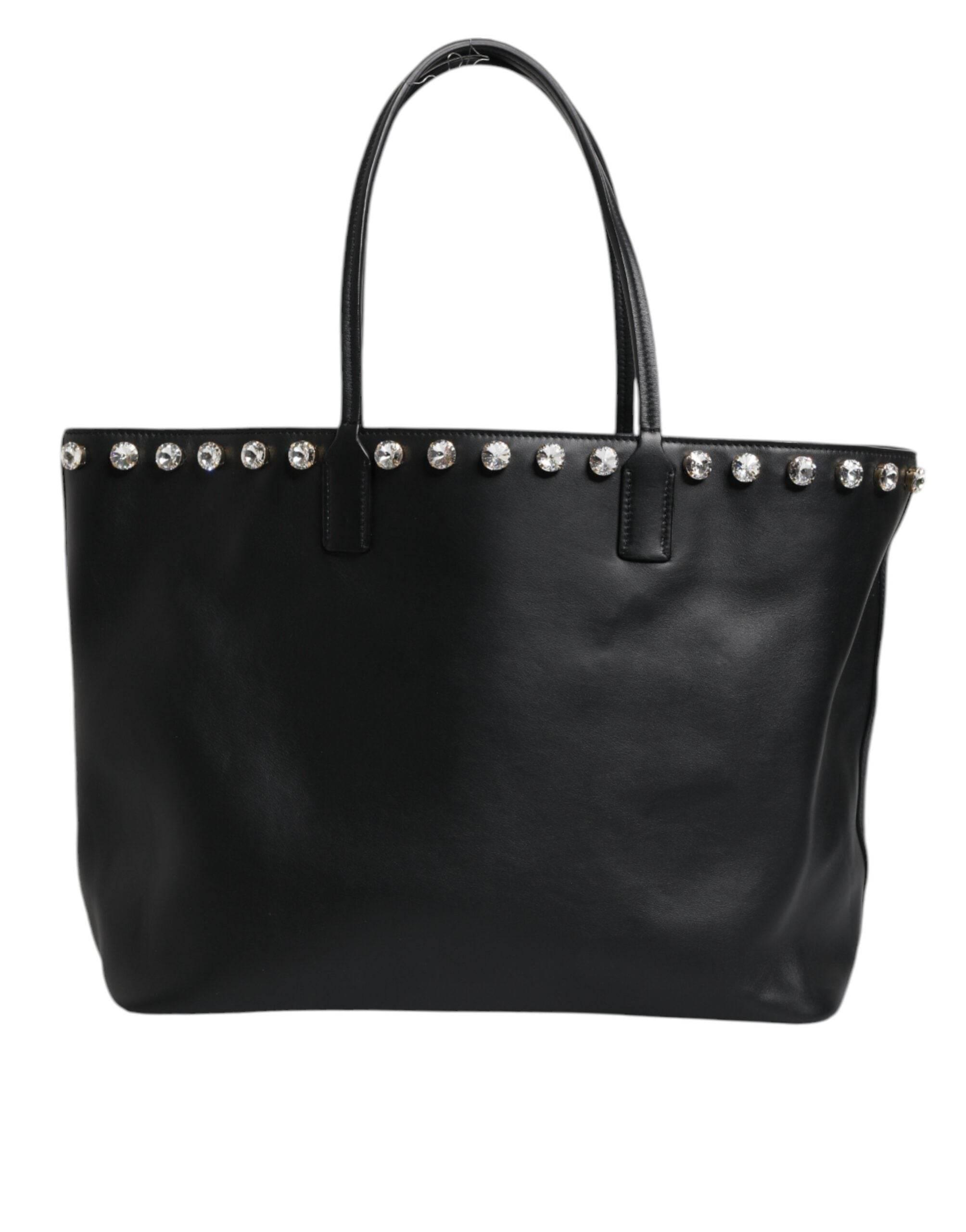 Dolce & Gabbana Black Crystal Leather Shopping Women Tote Bag - Hilstor