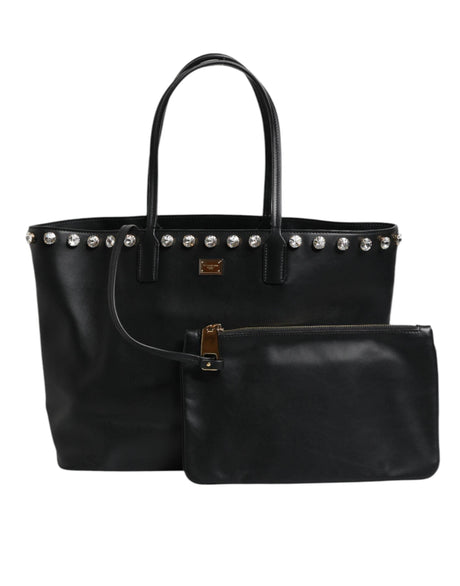 Dolce & Gabbana Black Crystal Leather Shopping Women Tote Bag - Hilstor