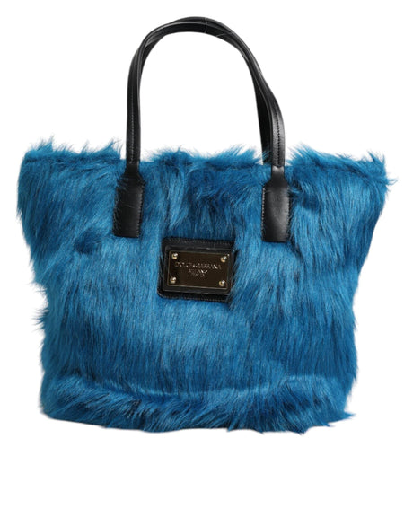 Dolce & Gabbana Blue Fur Logo Plaque Double Handle Shoulder Bag - Hilstor