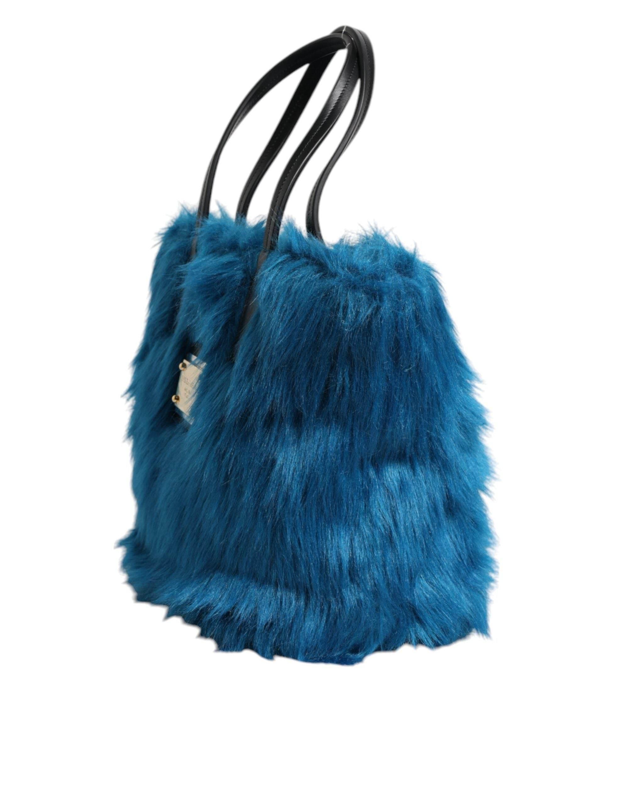 Dolce & Gabbana Blue Fur Logo Plaque Double Handle Shoulder Bag - Hilstor