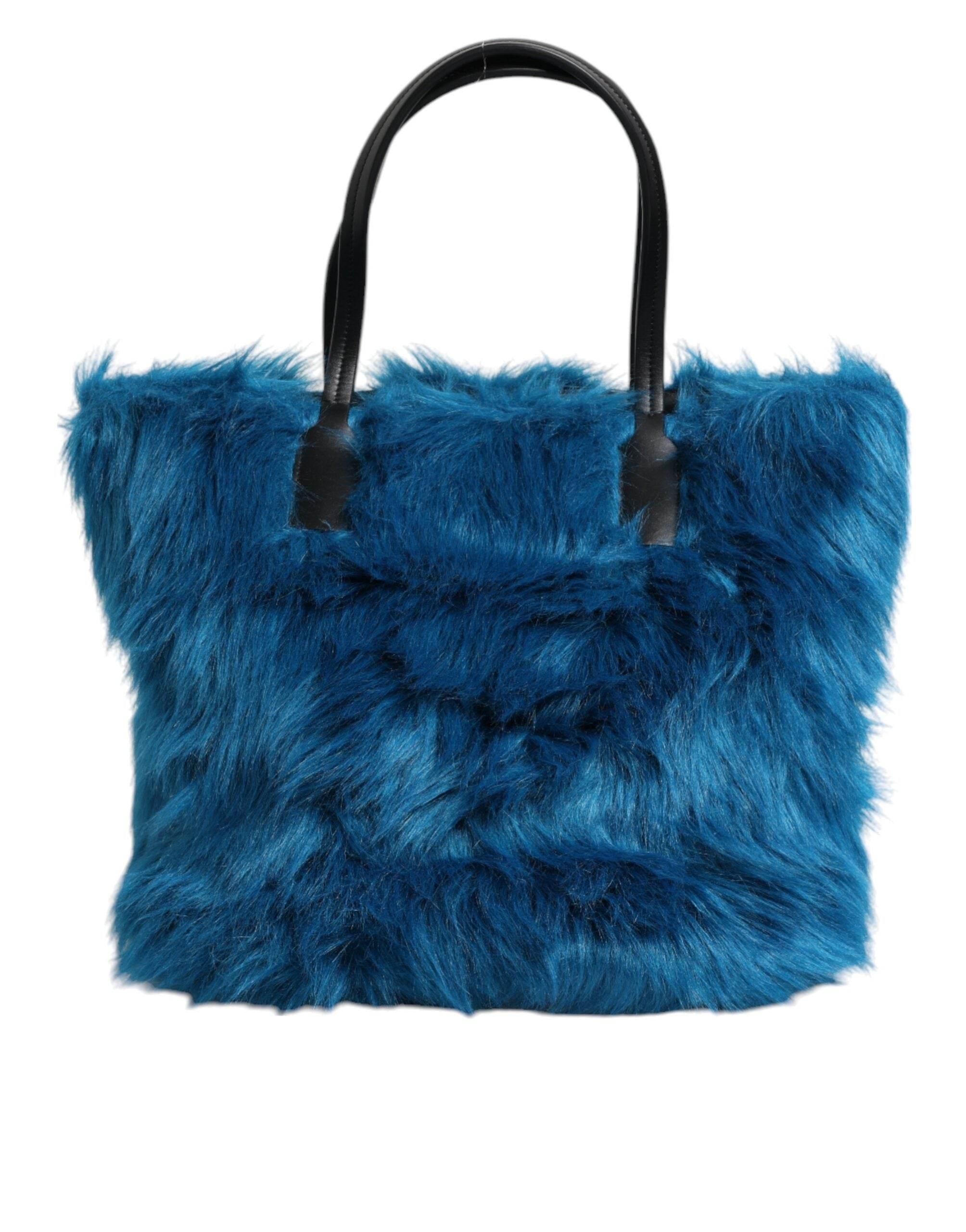 Dolce & Gabbana Blue Fur Logo Plaque Double Handle Shoulder Bag - Hilstor