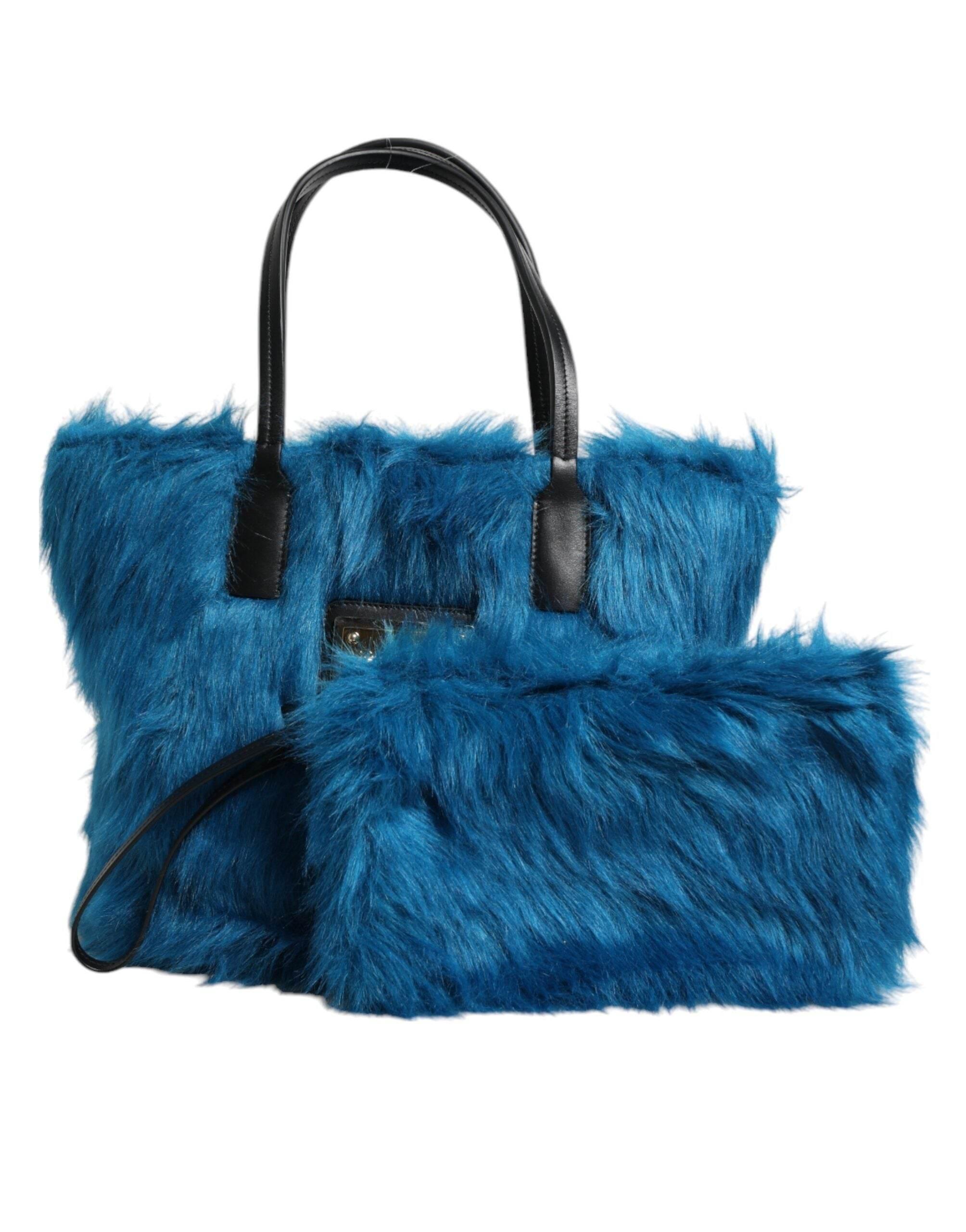 Dolce & Gabbana Blue Fur Logo Plaque Double Handle Shoulder Bag - Hilstor