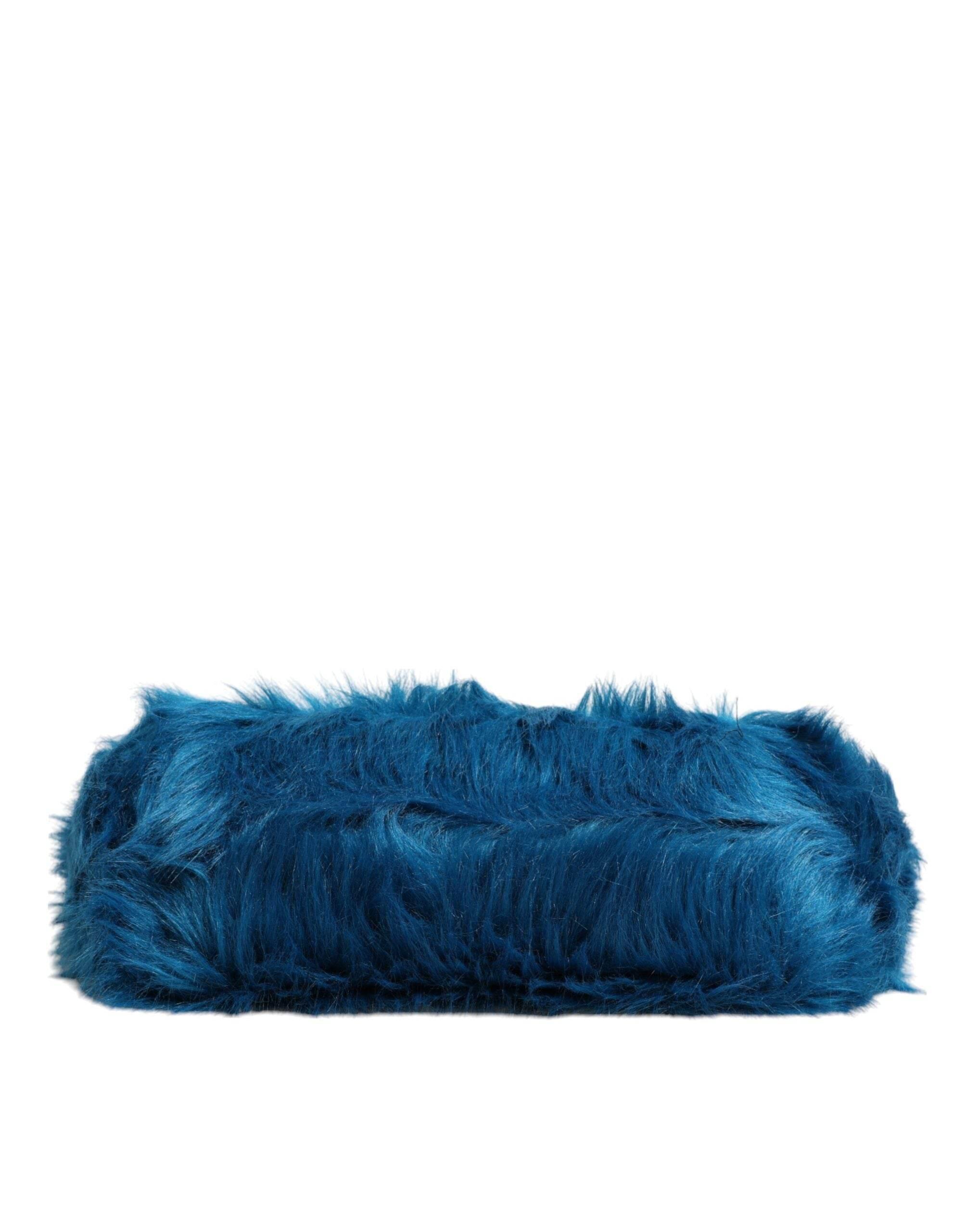Dolce & Gabbana Blue Fur Logo Plaque Double Handle Shoulder Bag - Hilstor