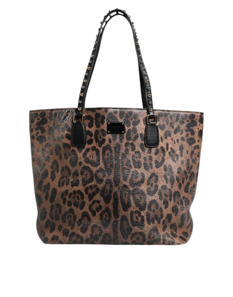 Dolce & Gabbana Brown Black Calfskin Leopard Print Shoulder Tote Bag - Hilstor
