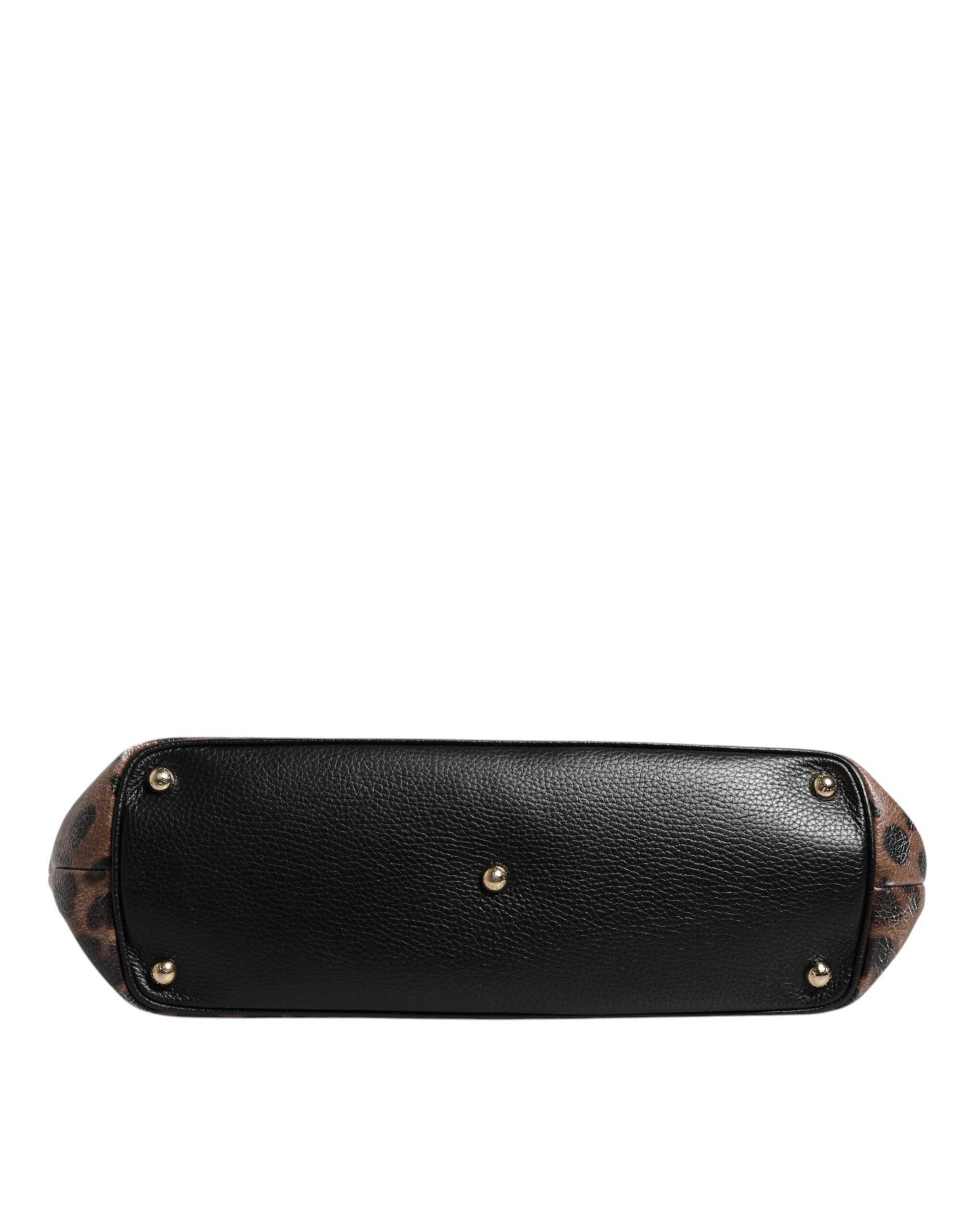 Dolce & Gabbana Brown Black Calfskin Leopard Print Shoulder Tote Bag - Hilstor