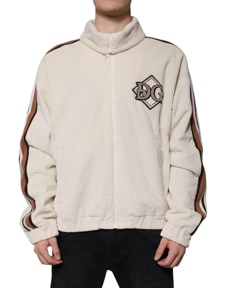 Dolce & Gabbana Beige Logo Applique Cotton Corduroy Full Zip Jacket - Hilstor