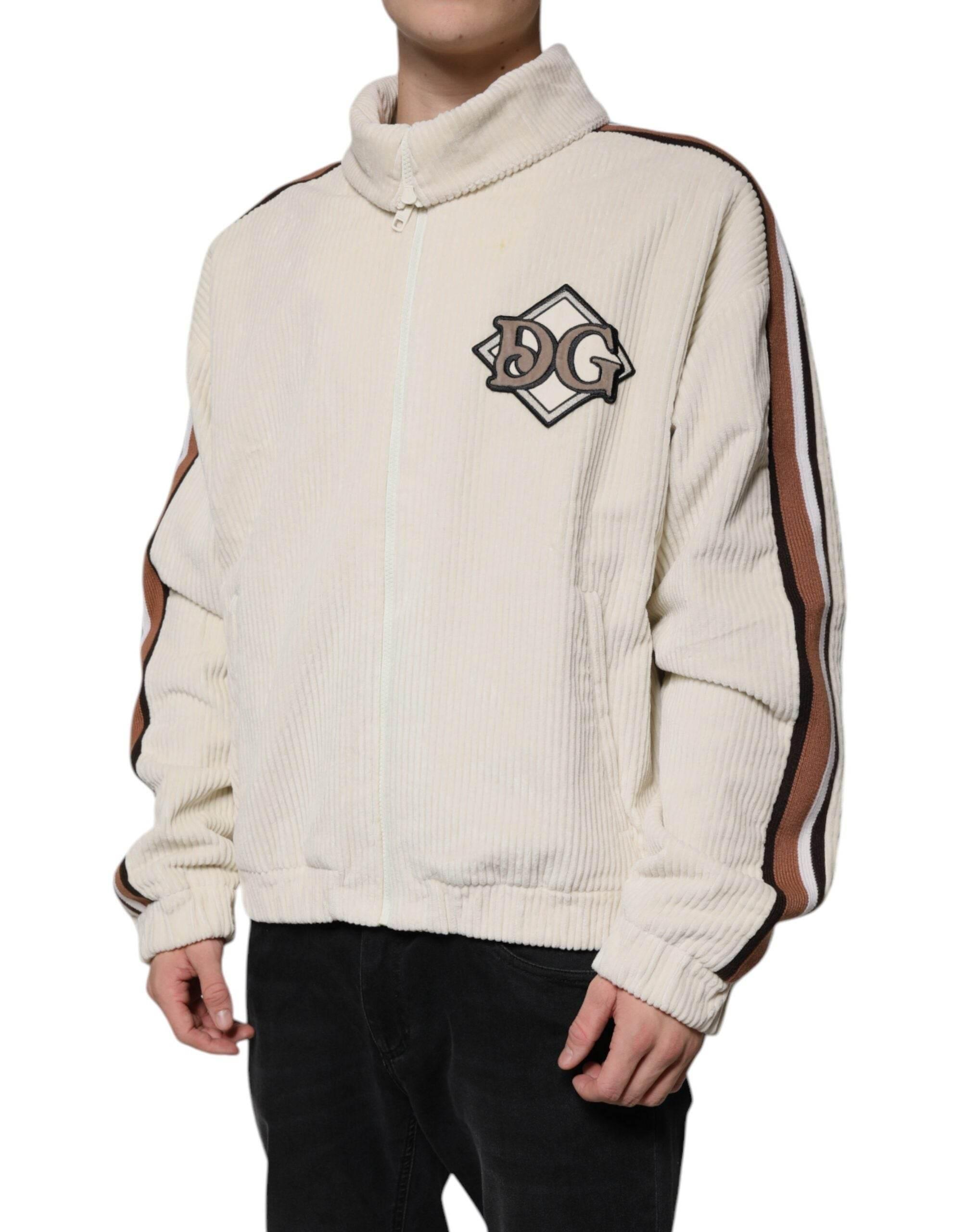 Dolce & Gabbana Beige Logo Applique Cotton Corduroy Full Zip Jacket - Hilstor