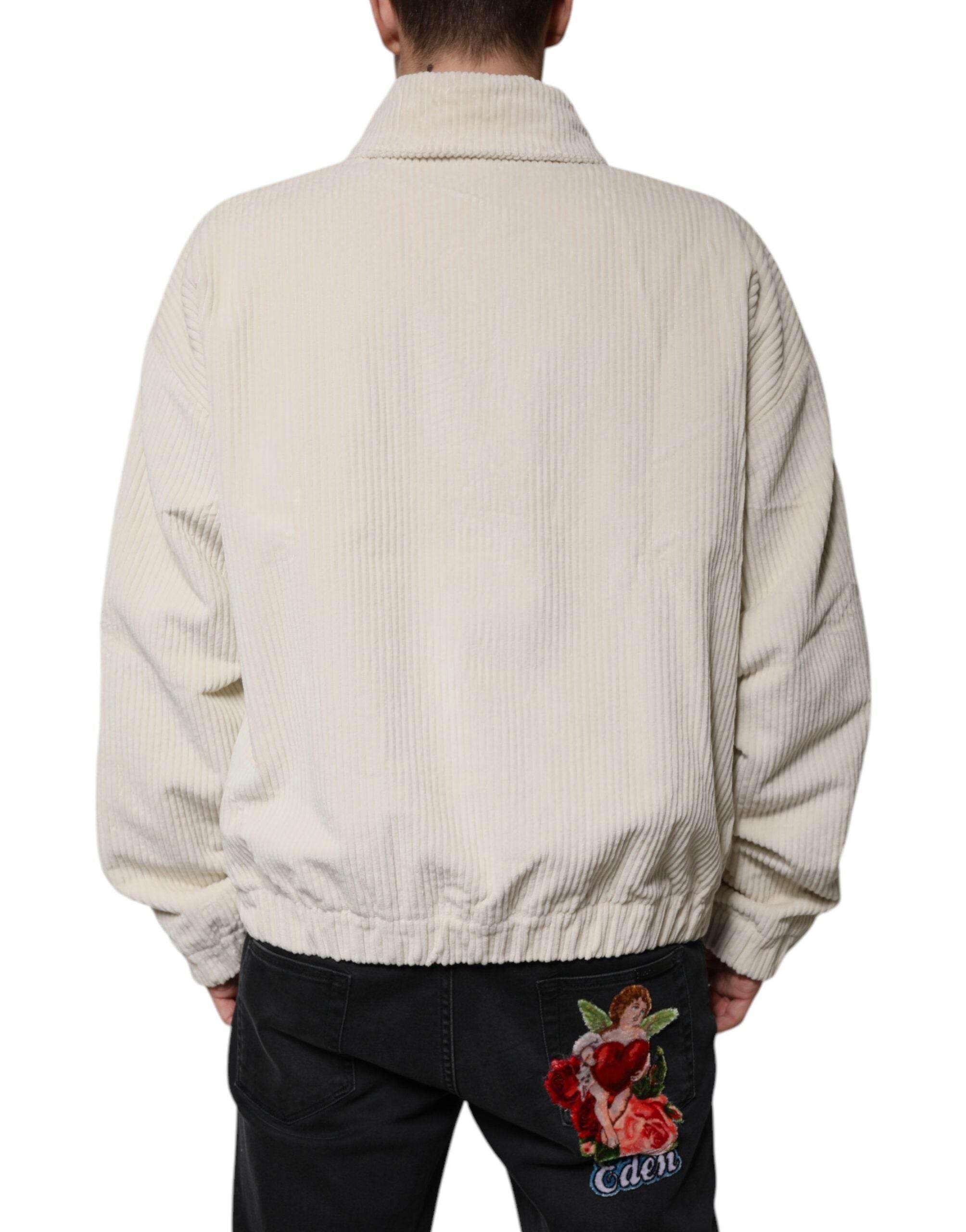 Dolce & Gabbana Beige Logo Applique Cotton Corduroy Full Zip Jacket - Hilstor