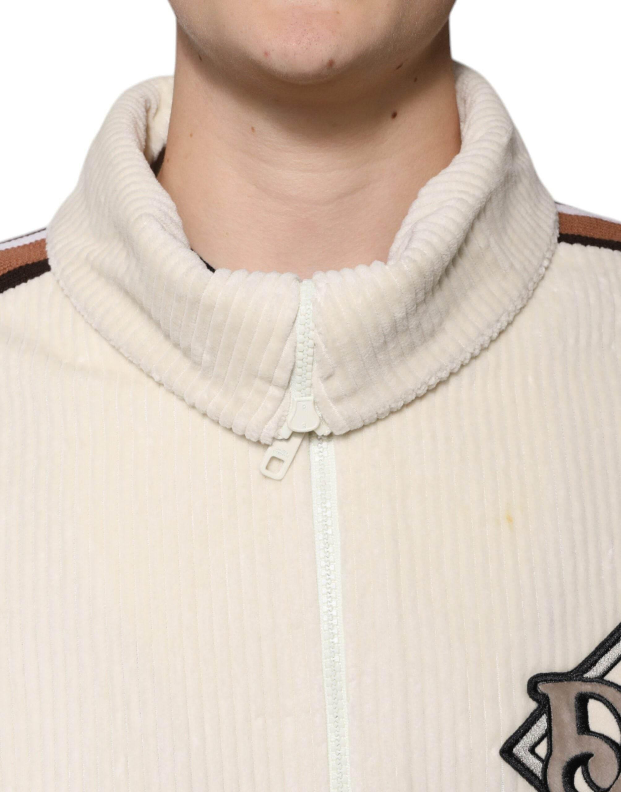 Dolce & Gabbana Beige Logo Applique Cotton Corduroy Full Zip Jacket - Hilstor