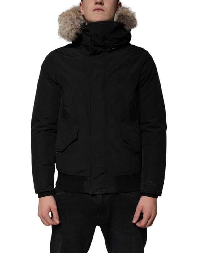 Woolrich Black Hooded Long Sleeves Fur Shearling Coat Jacket - Hilstor