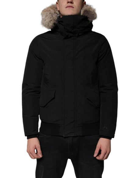 Woolrich Black Hooded Long Sleeves Fur Shearling Coat Jacket - Hilstor
