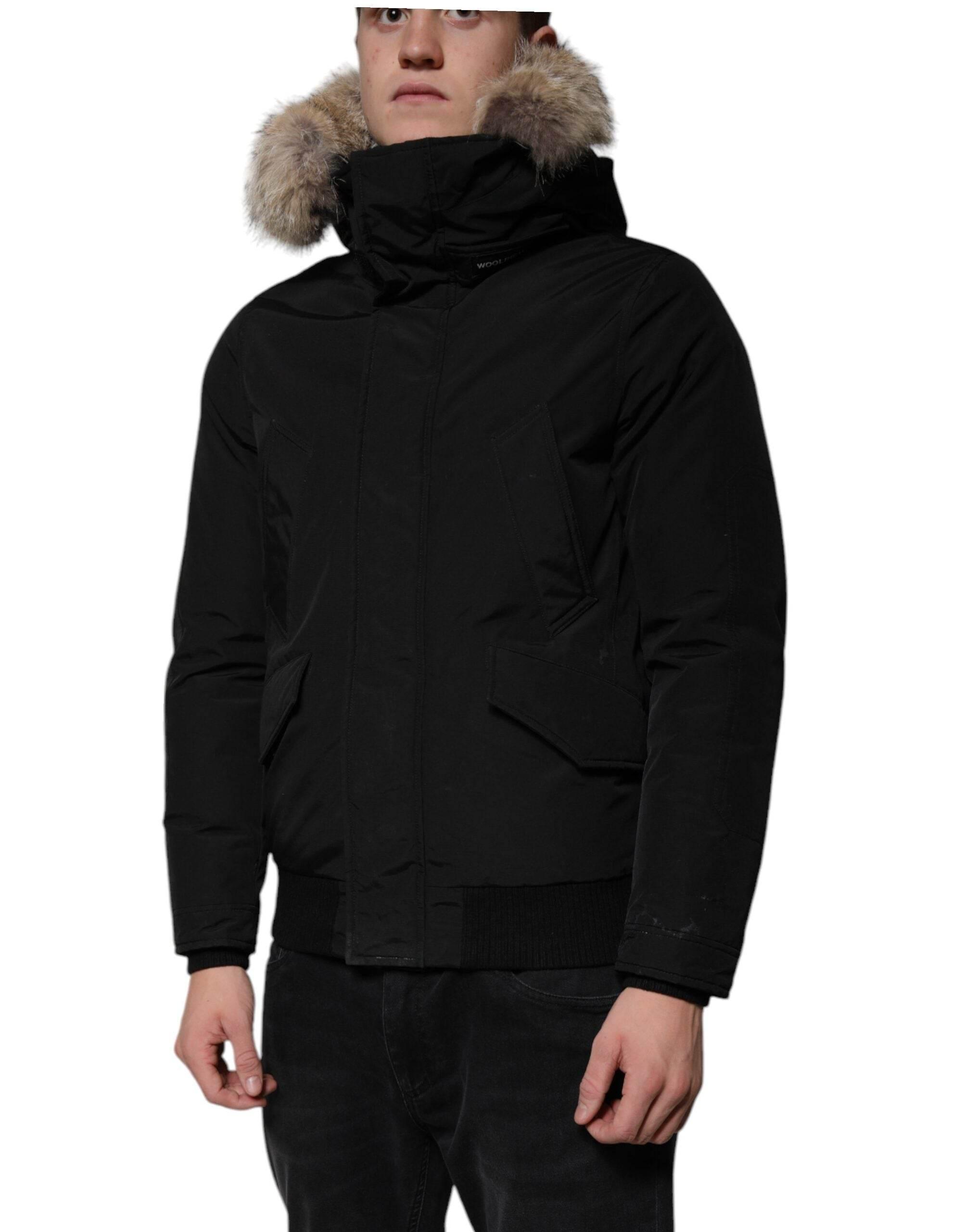 Woolrich Black Hooded Long Sleeves Fur Shearling Coat Jacket - Hilstor