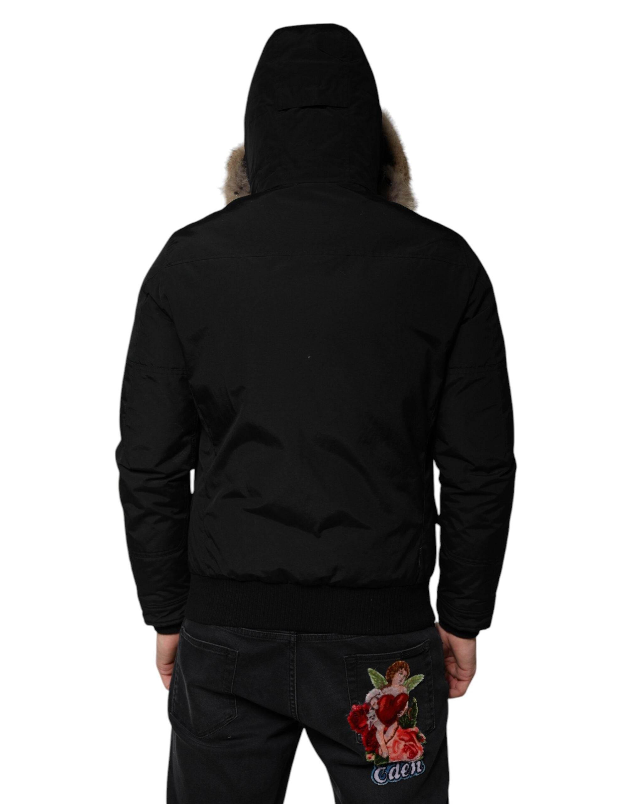 Woolrich Black Hooded Long Sleeves Fur Shearling Coat Jacket - Hilstor