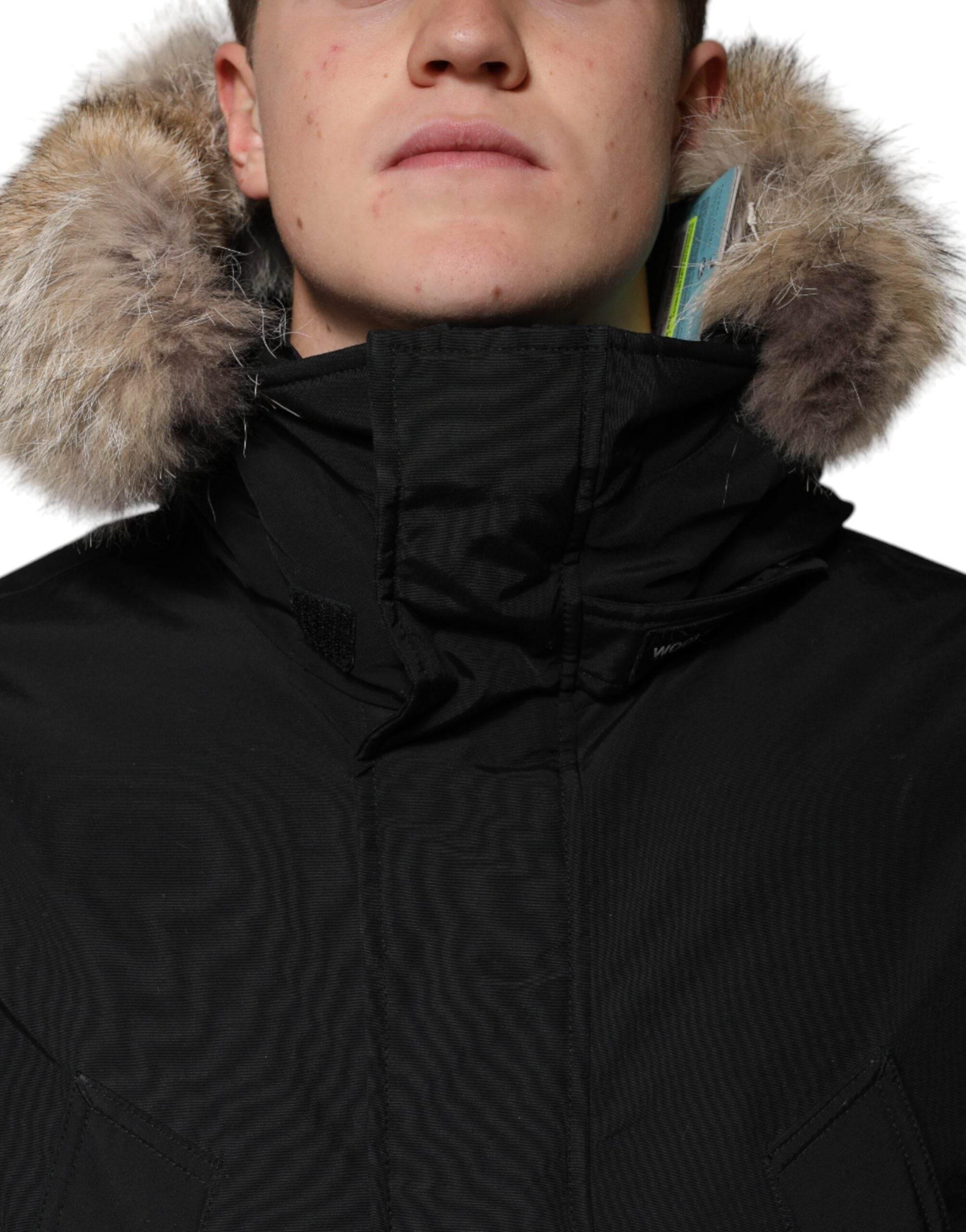 Woolrich Black Hooded Long Sleeves Fur Shearling Coat Jacket - Hilstor