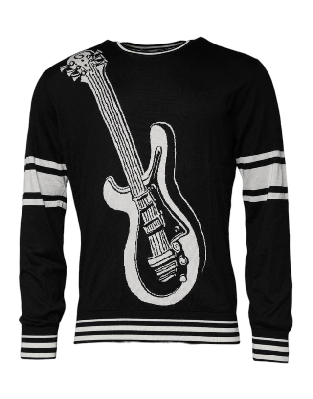 Dolce & Gabbana Black White Guitar Silk Crew Neck Sweater - Hilstor
