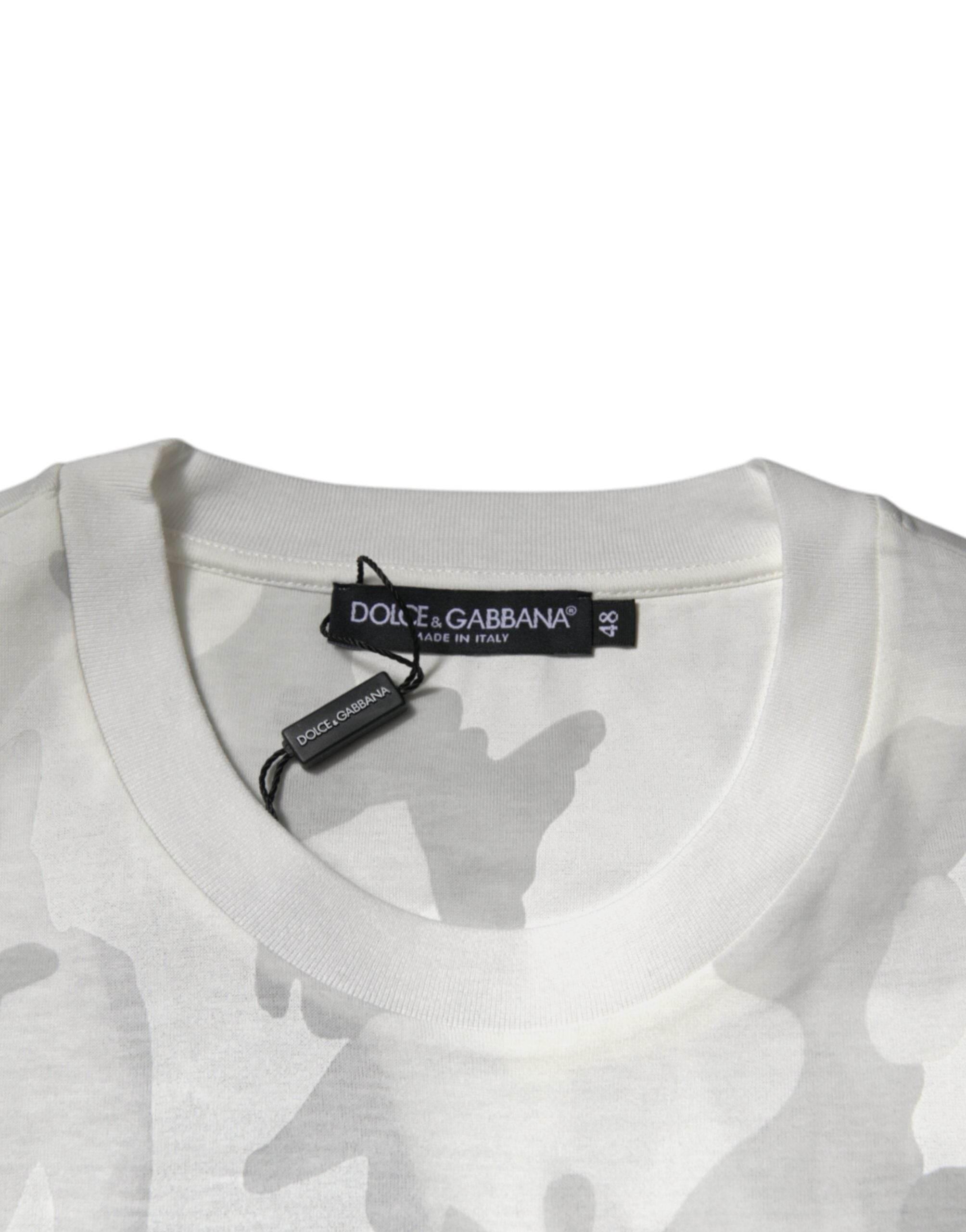 Dolce & Gabbana White Gray Camouflage Cotton Crew Neck T-shirt - Hilstor