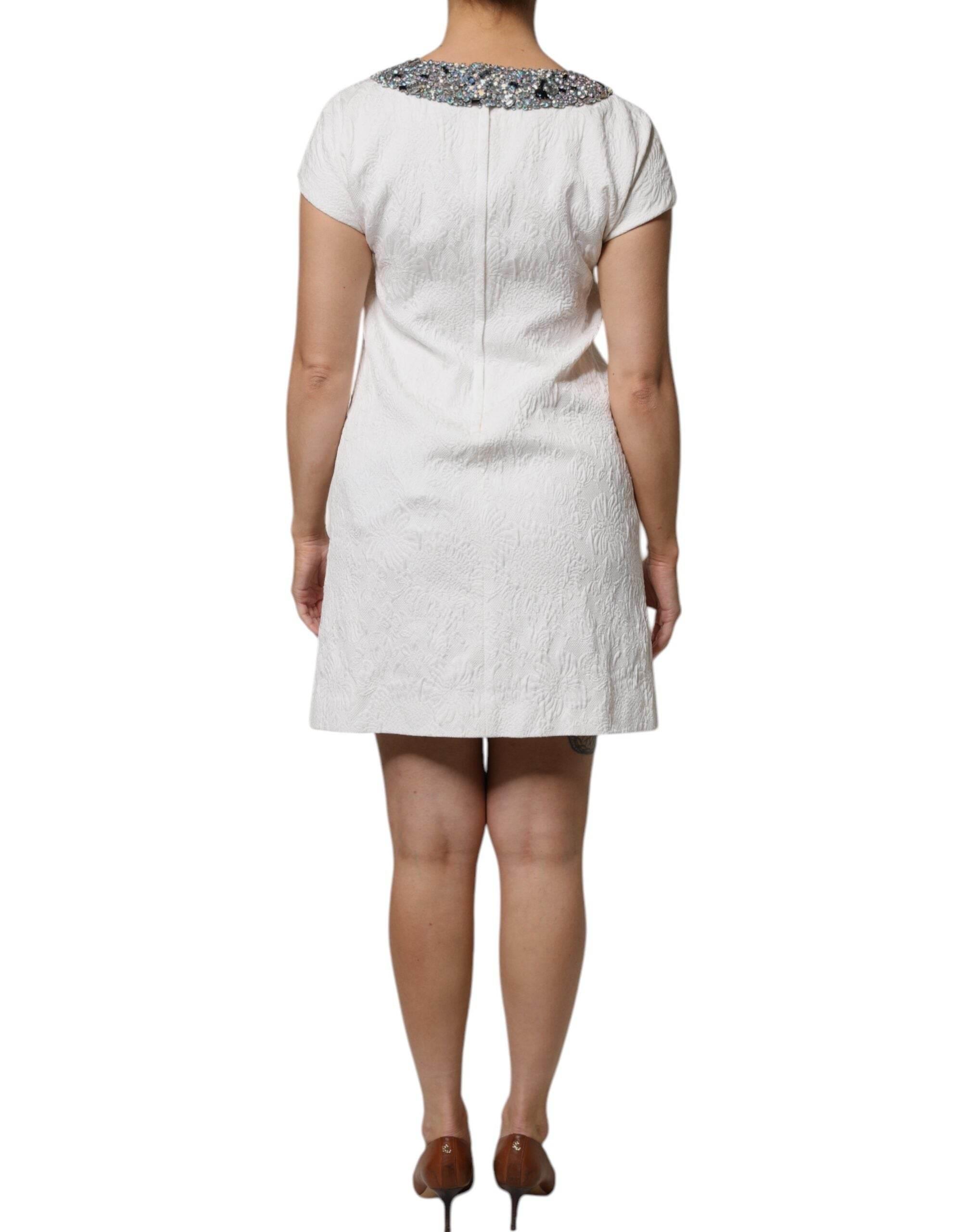 Dolce & Gabbana White Crystal Embellished Jacquard Brocade Mini Dress - Hilstor