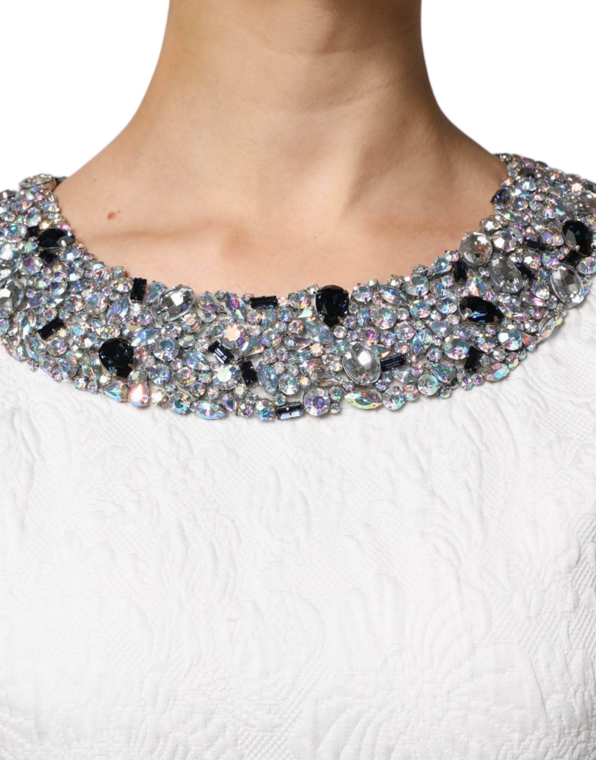 Dolce & Gabbana White Crystal Embellished Jacquard Brocade Mini Dress - Hilstor