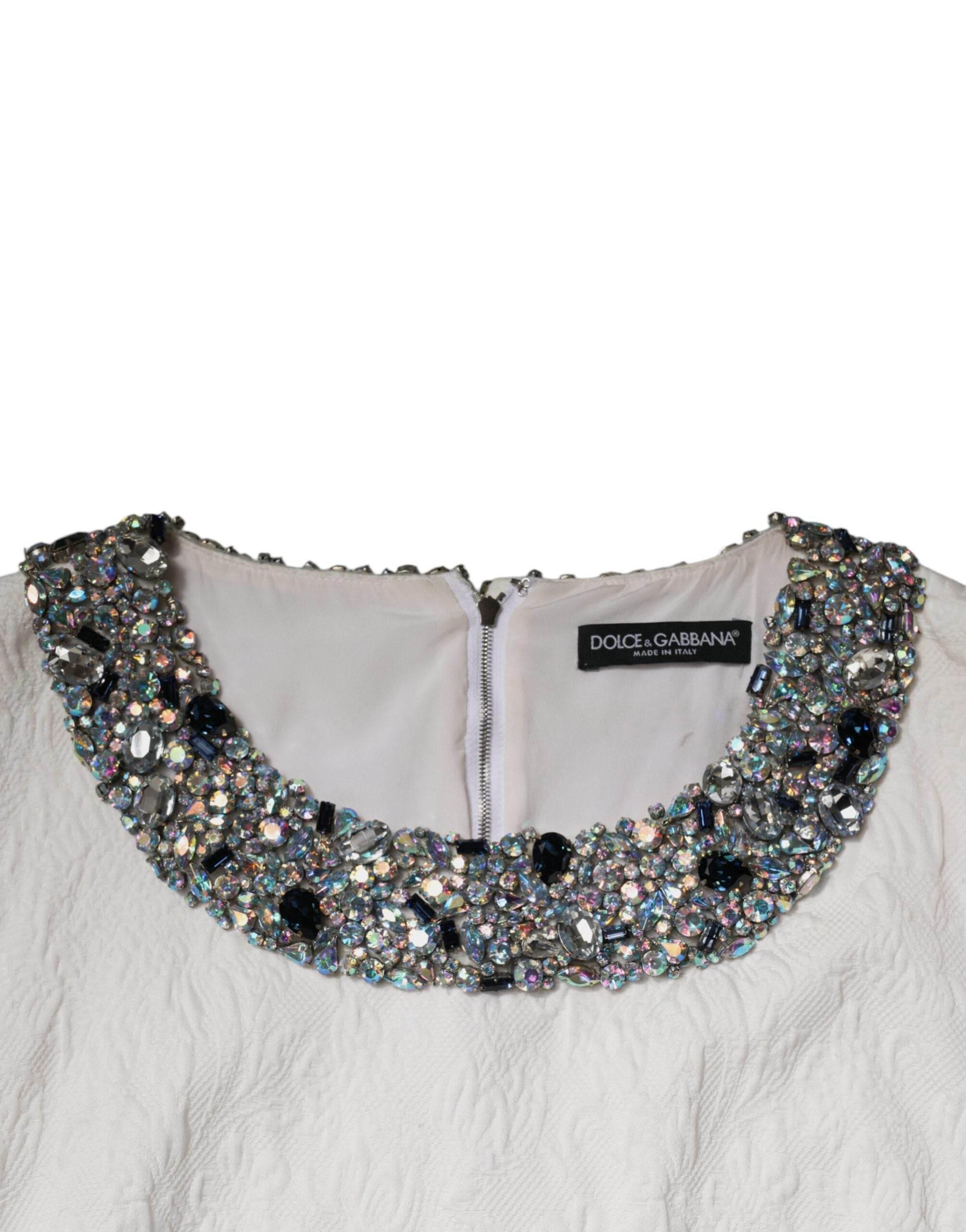 Dolce & Gabbana White Crystal Embellished Jacquard Brocade Mini Dress - Hilstor