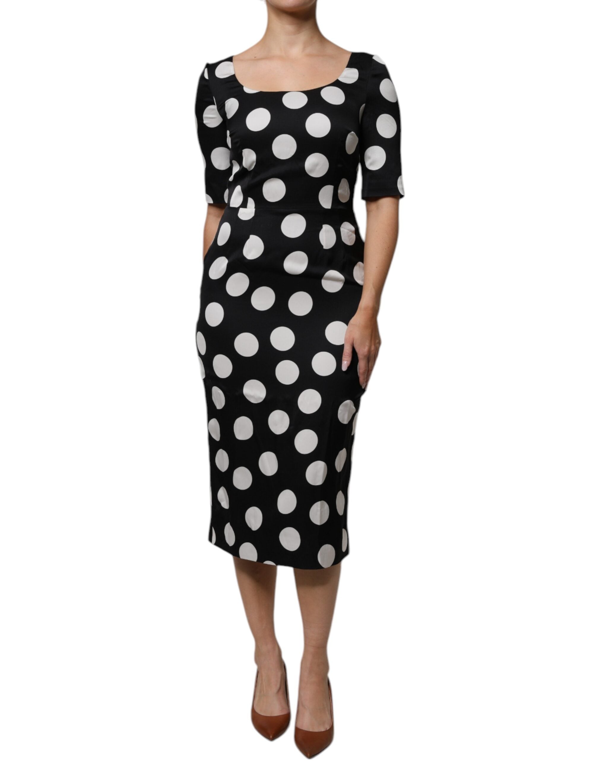Dolce &amp; Gabbana Sort Hvid Silke Polka Dots Skede Midi Kjole