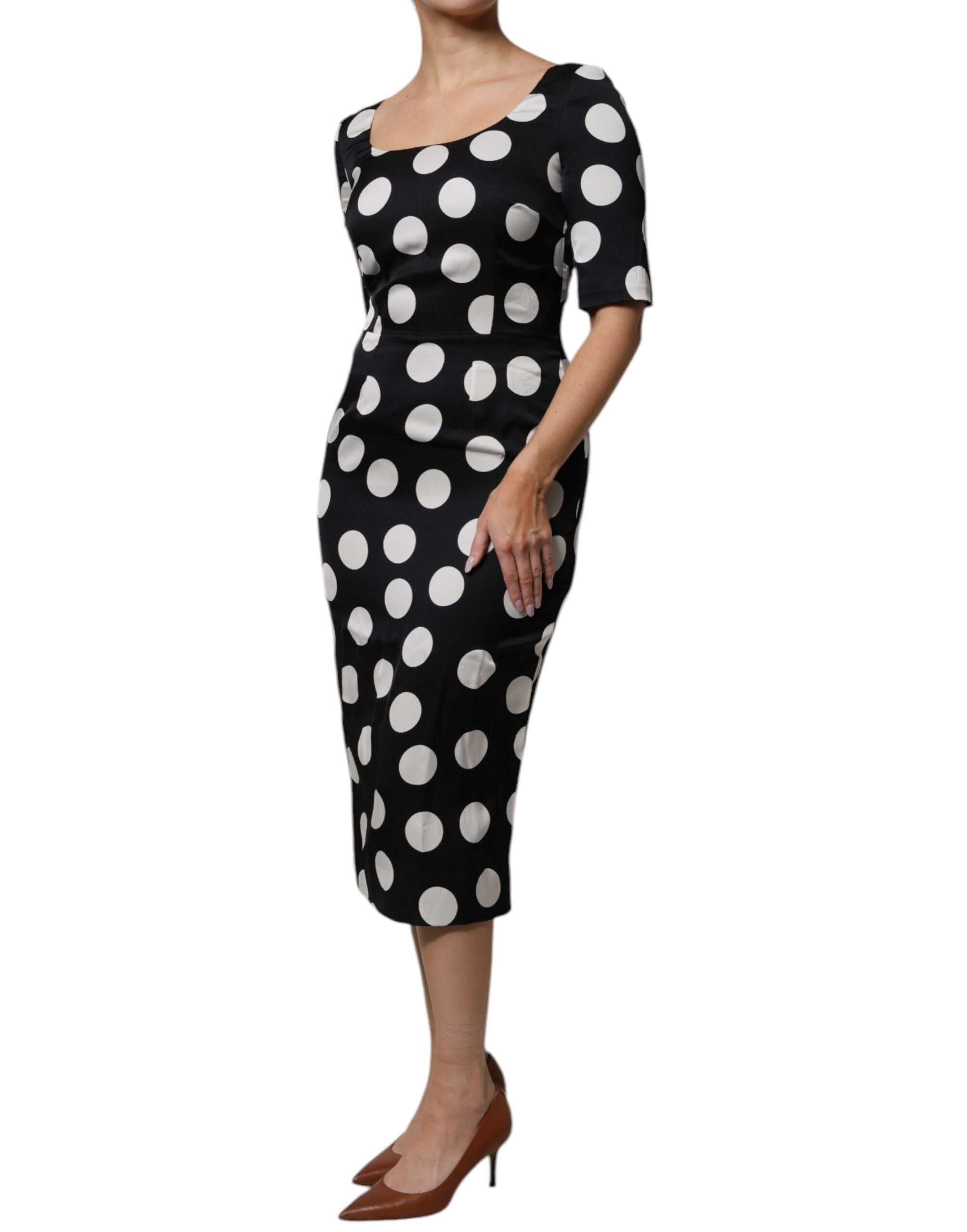 Dolce &amp; Gabbana Sort Hvid Silke Polka Dots Skede Midi Kjole