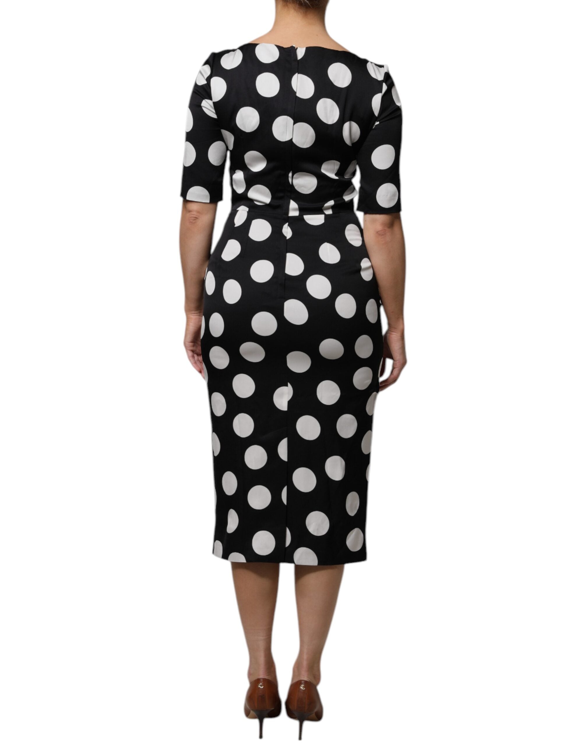Dolce &amp; Gabbana Sort Hvid Silke Polka Dots Skede Midi Kjole