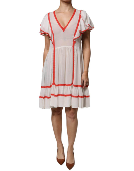 Twinset White Viscose Ruffle Sleeves A-line Pleated Mini Dress - Hilstor