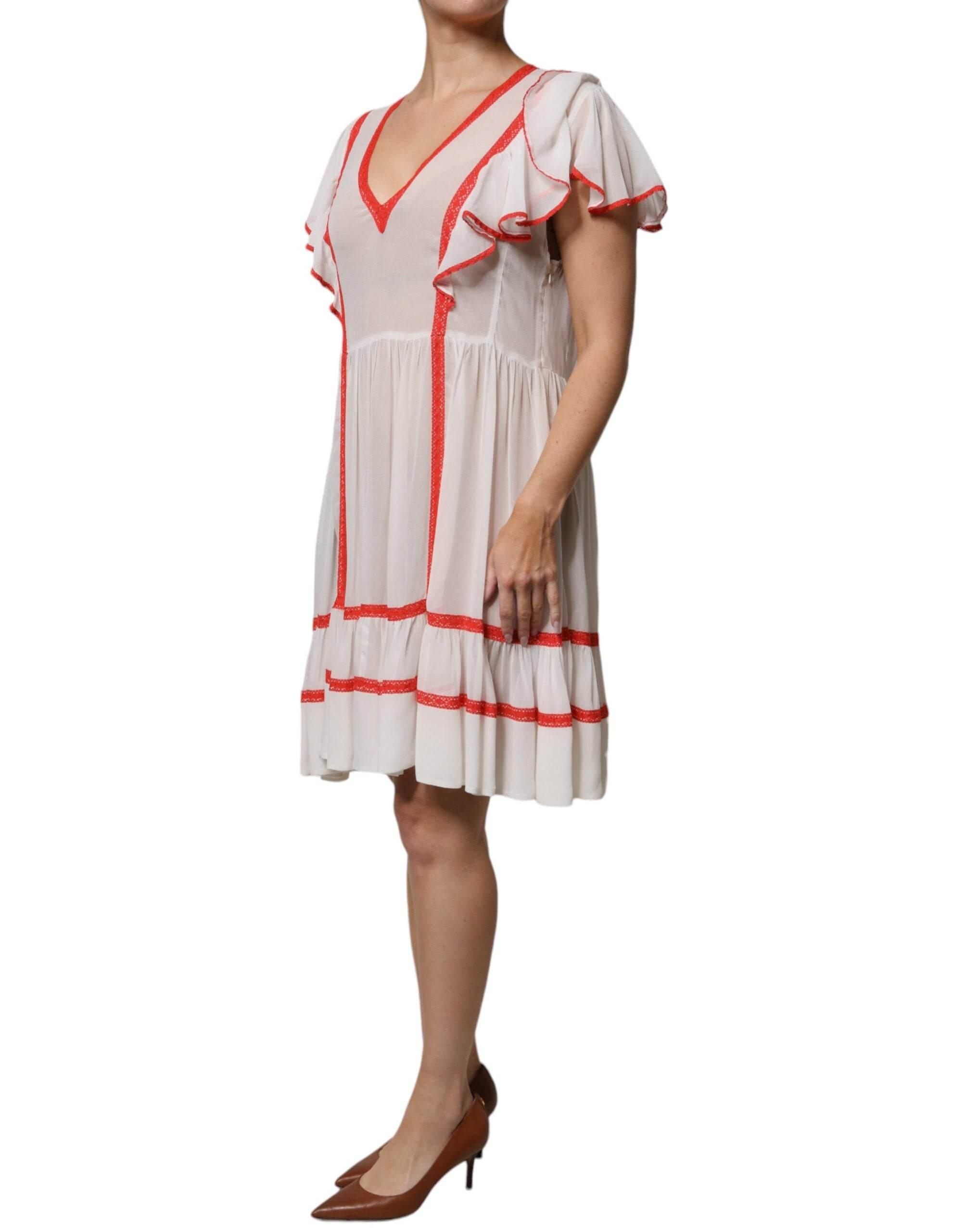 Twinset White Viscose Ruffle Sleeves A-line Pleated Mini Dress - Hilstor