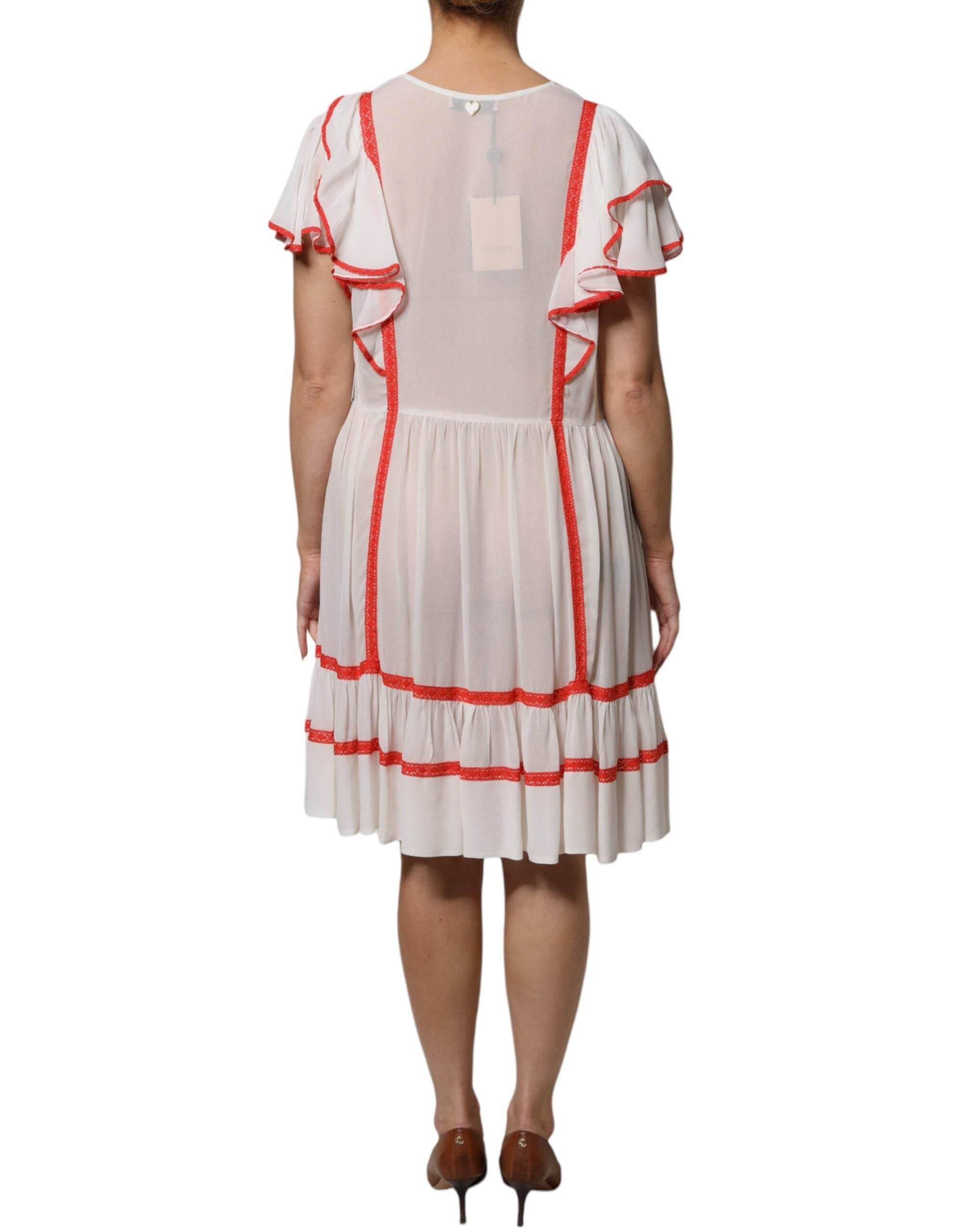 Twinset White Viscose Ruffle Sleeves A-line Pleated Mini Dress - Hilstor
