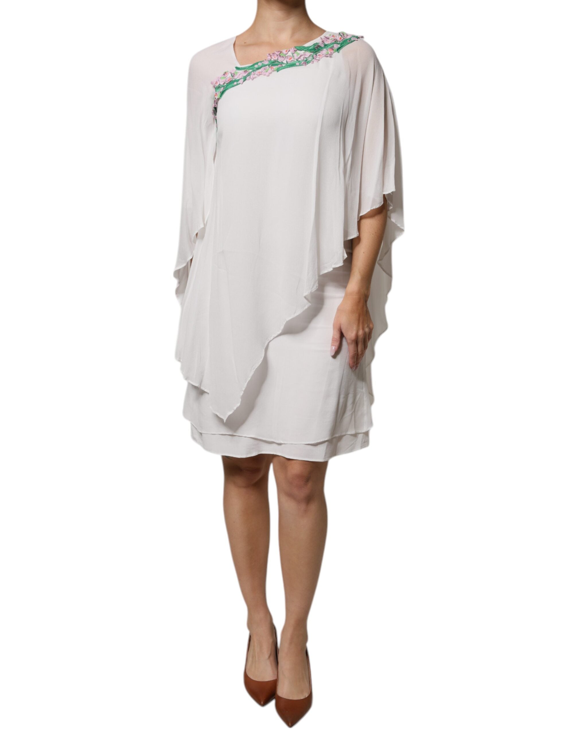 Blumarine White Floral Brodery Viscose Chiffon Shift Dress