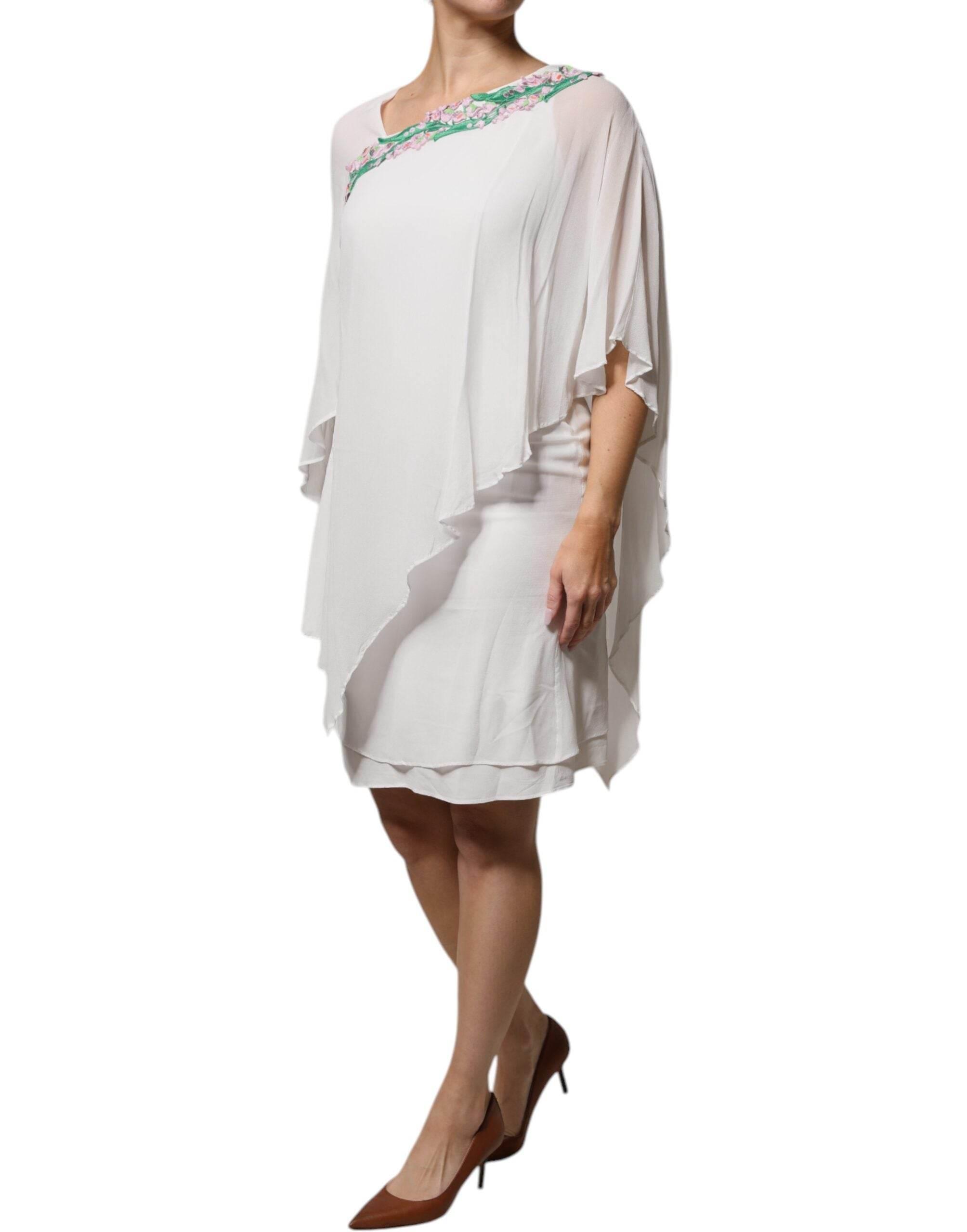 Blumarine White Floral Embroidery Viscose Chiffon Shift Dress - Hilstor