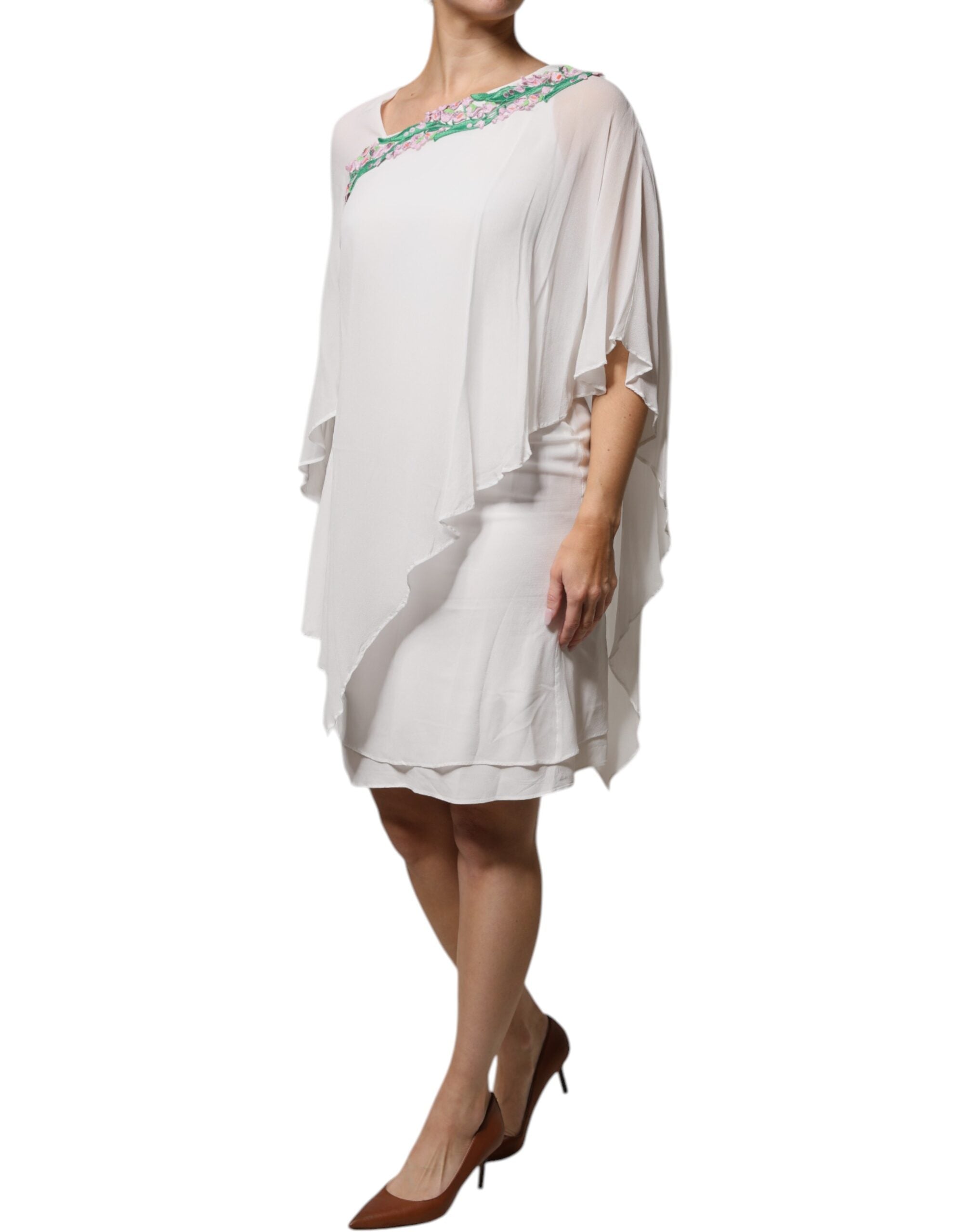 Blumarine White Floral Brodery Viscose Chiffon Shift Dress