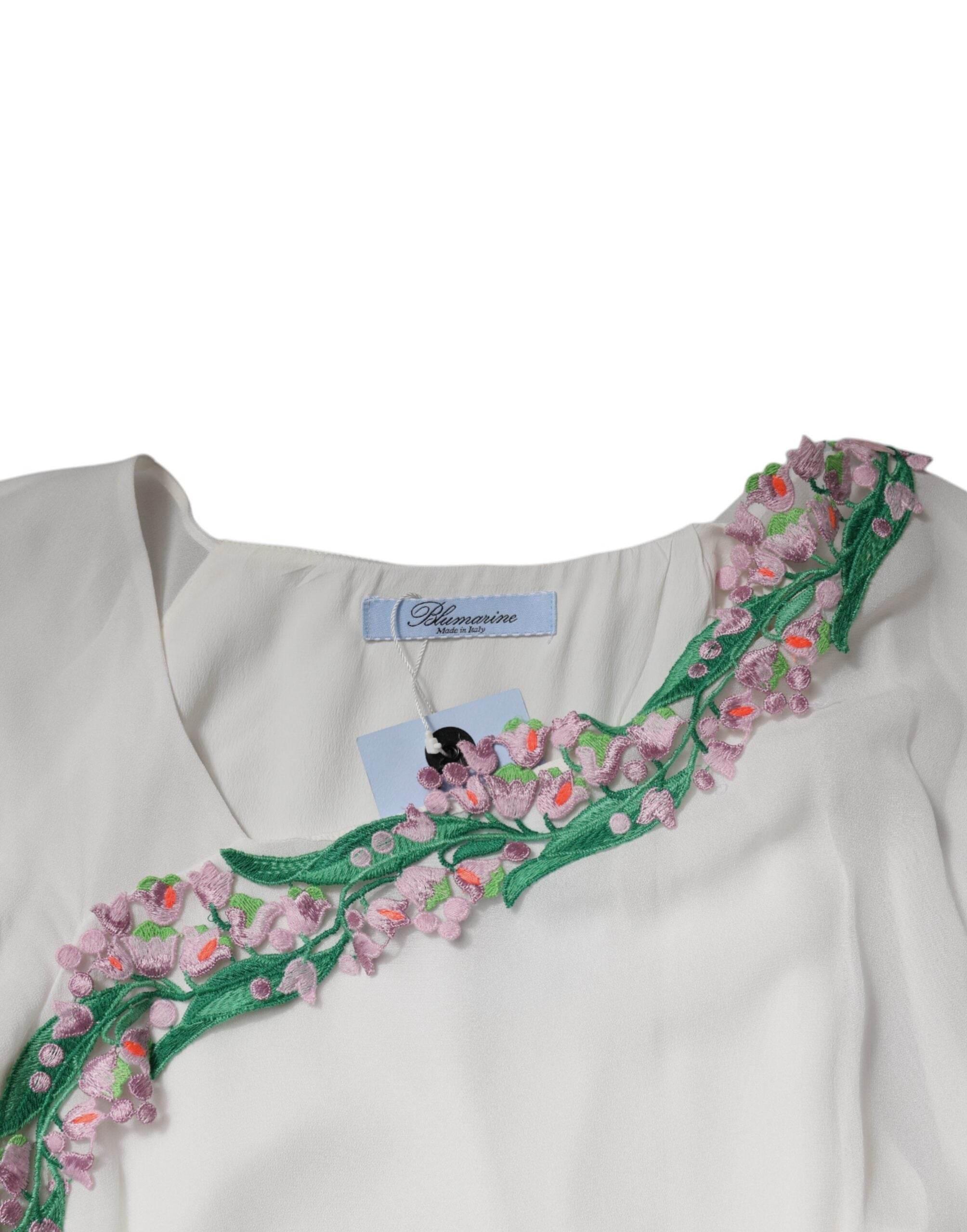 Blumarine White Floral Embroidery Viscose Chiffon Shift Dress - Hilstor
