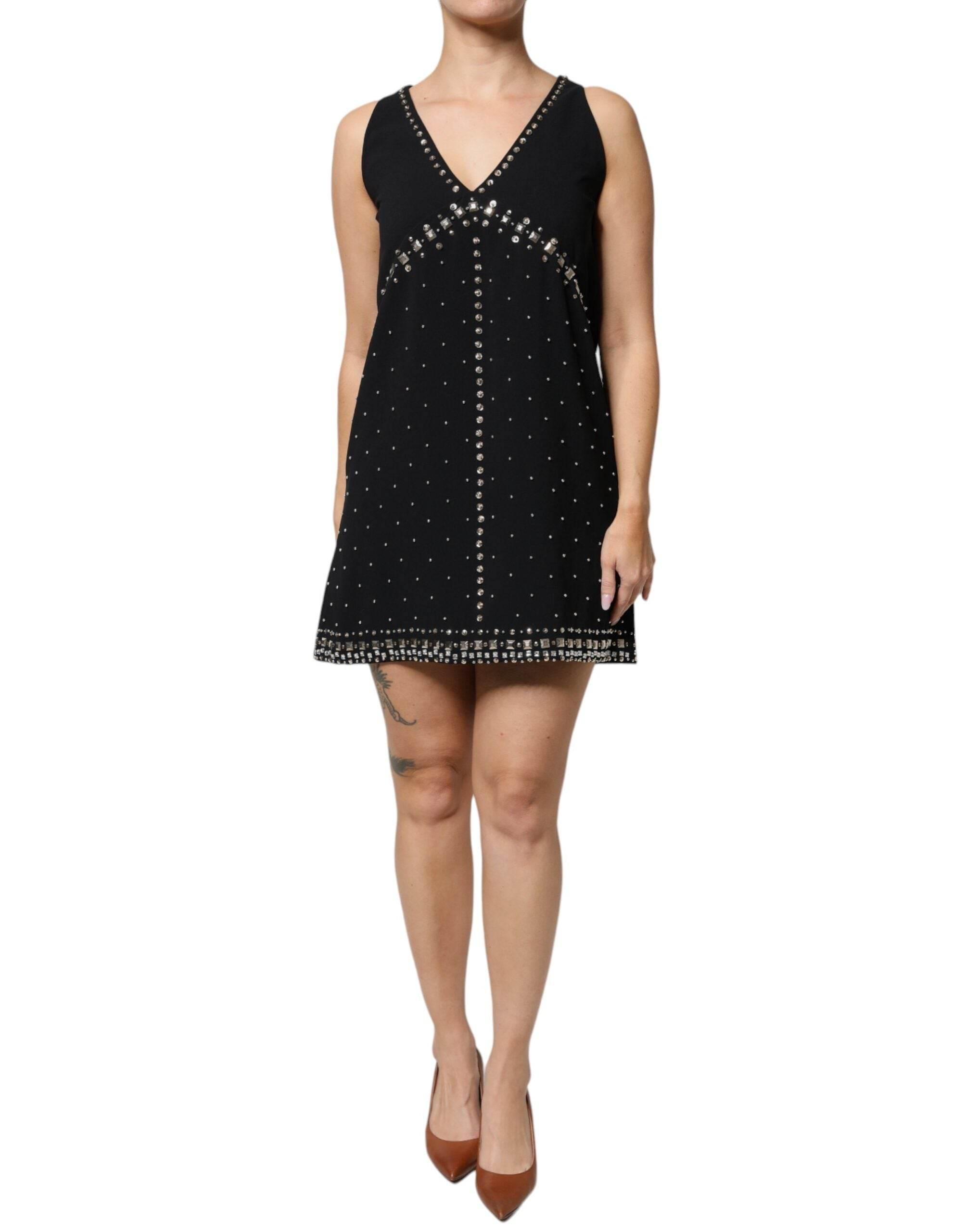 PINKO Black Embellished Polyester Sleeveless Shift A-line Mini Dress - Hilstor