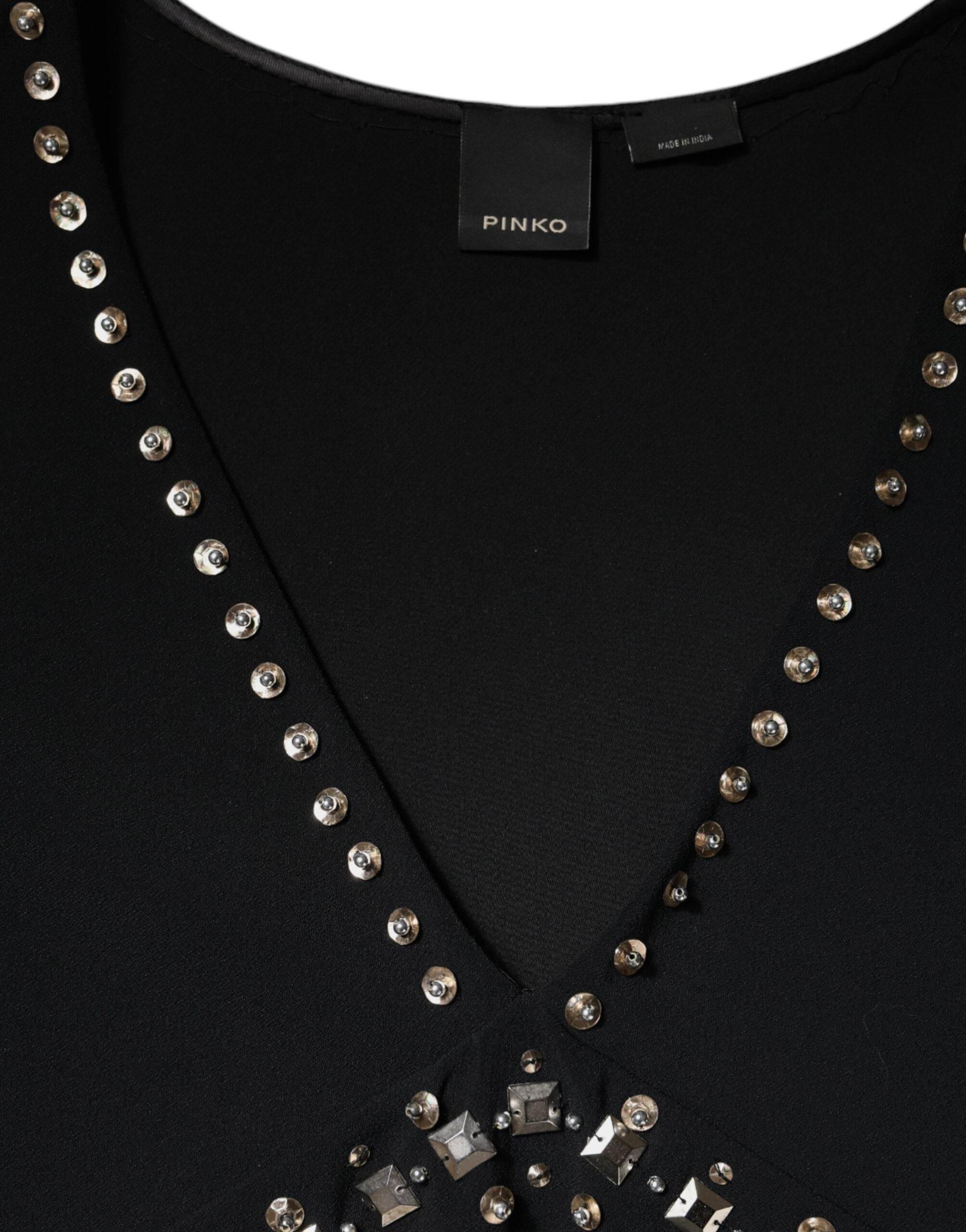 PINKO Black Embellished Polyester Sleeveless Shift A-line Mini Dress - Hilstor