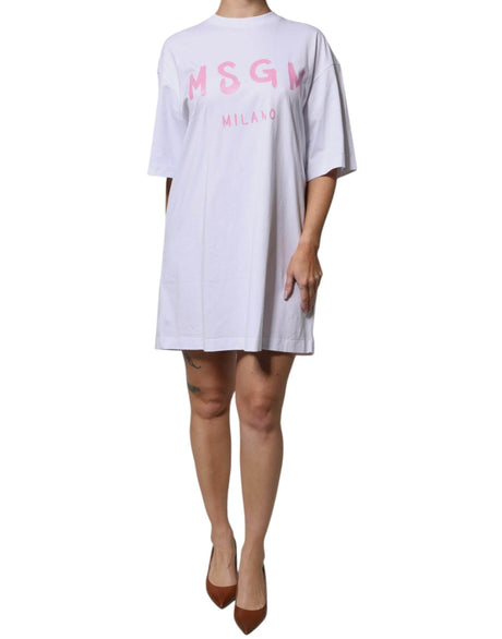 MSGM White Logo Print Cotton T-shirt Short Sleeves Mini Dress - Hilstor