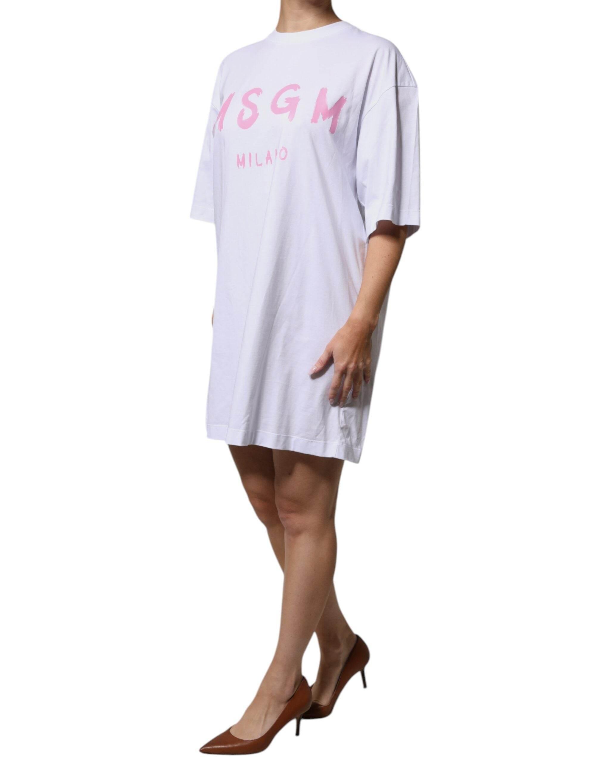 MSGM White Logo Print Cotton T-shirt Short Sleeves Mini Dress - Hilstor