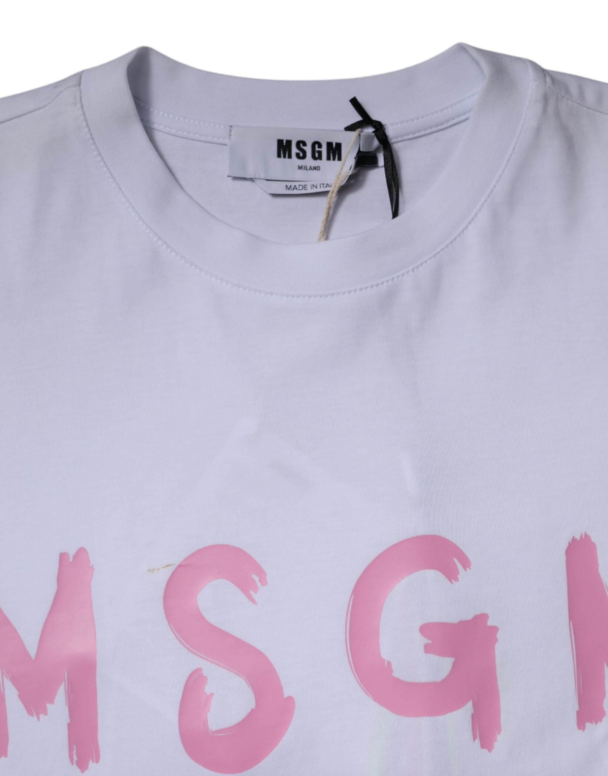MSGM White Logo Print Cotton T-shirt Short Sleeves Mini Dress - Hilstor