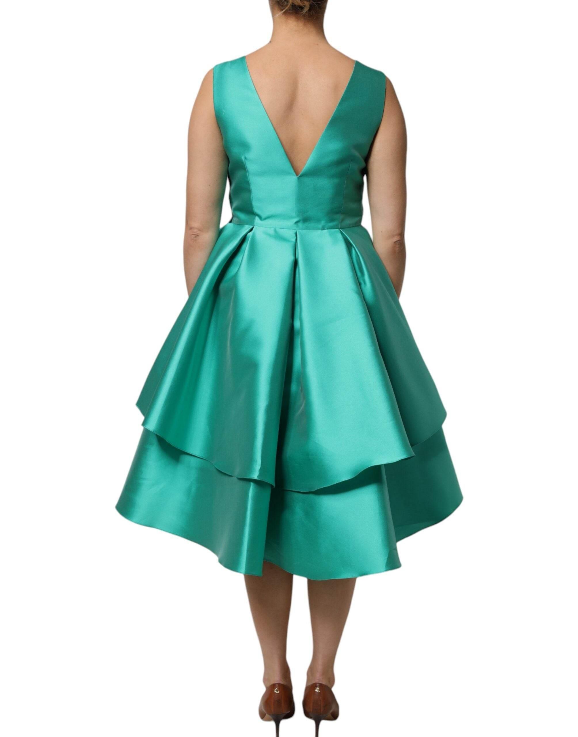 Alberta Ferretti Green Satin Polyester Sleeveless V-neck Layered Dress - Hilstor