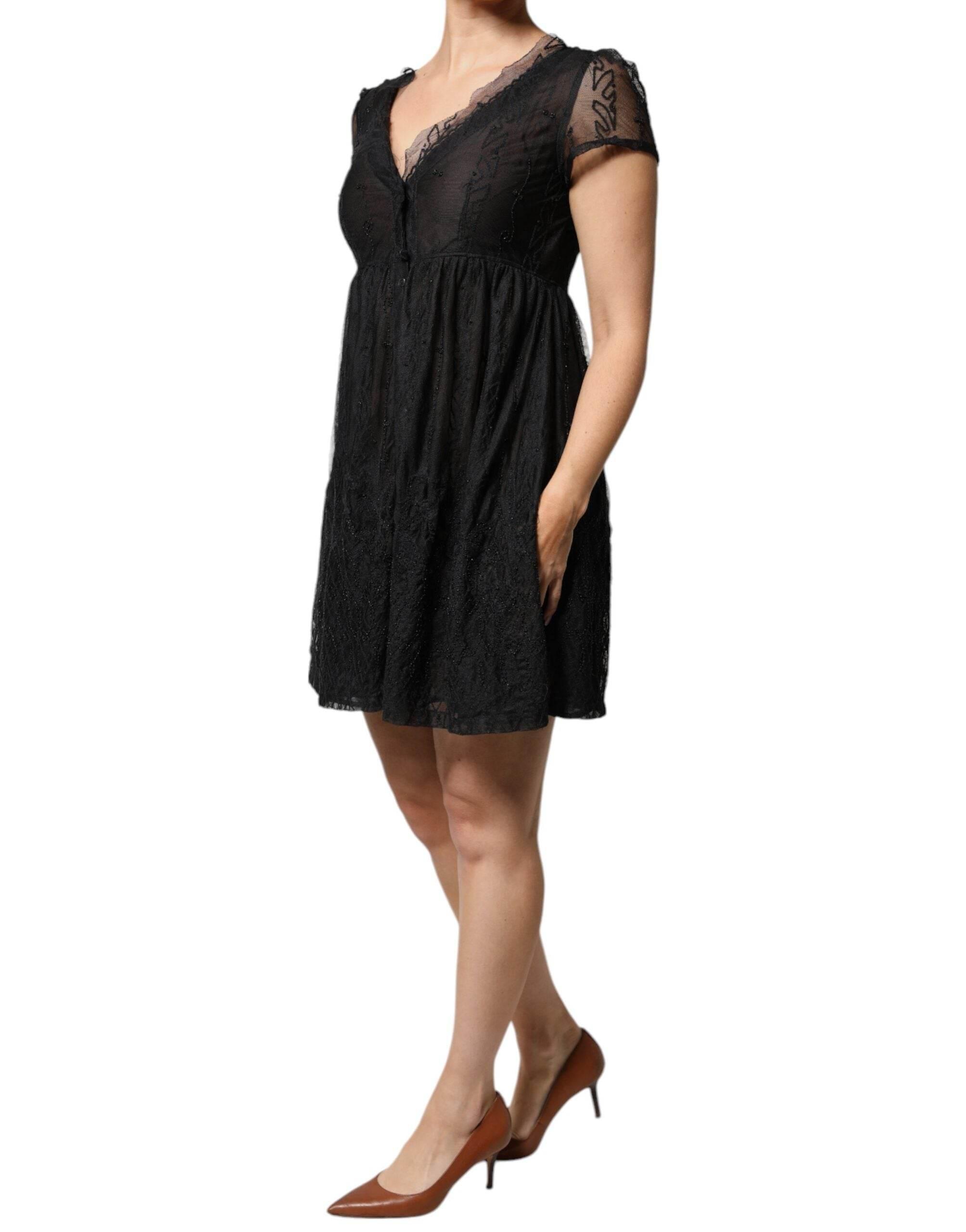 Blugirl Black Short Sleeves Floral Lace Trim A-line Mini Dress - Hilstor