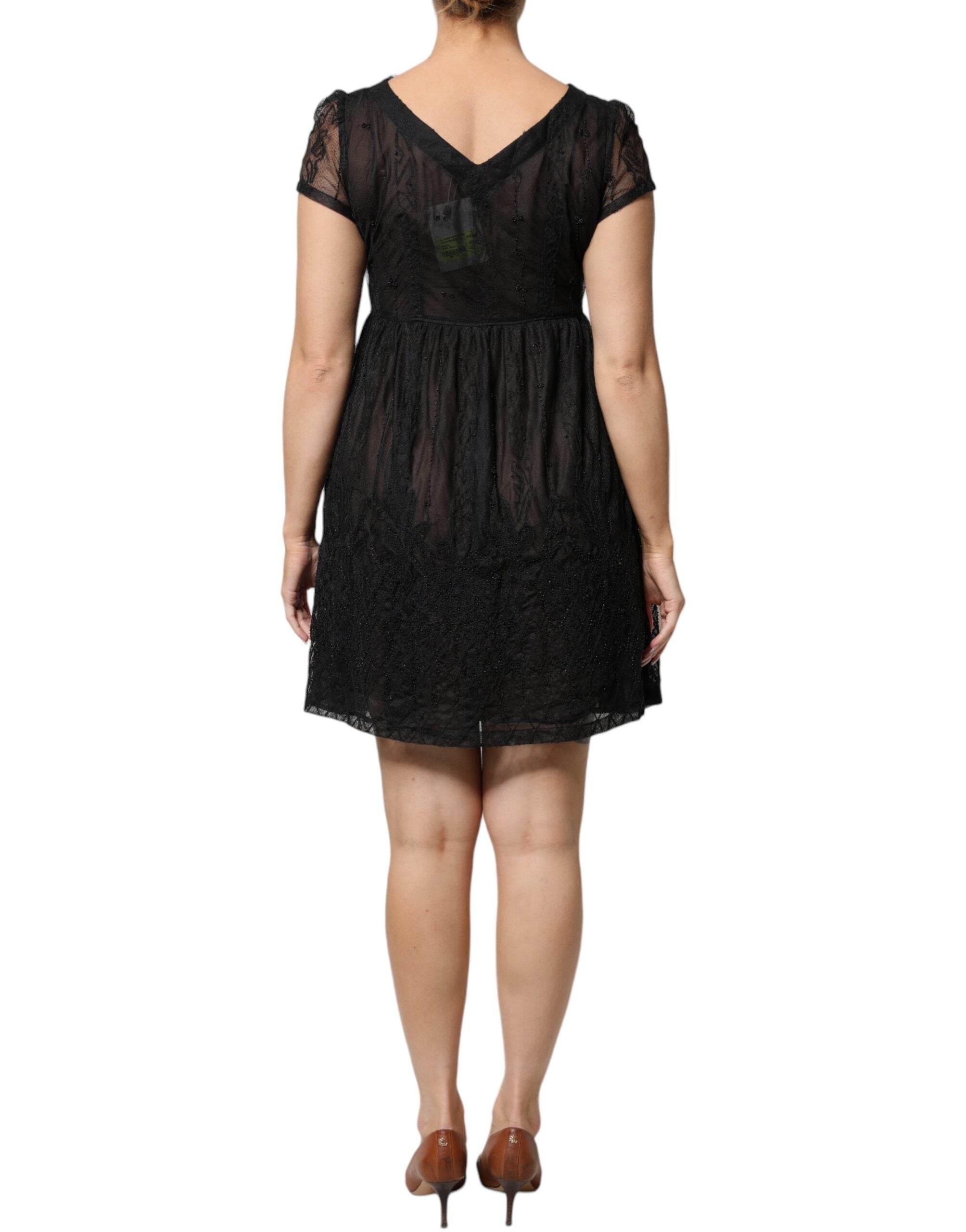 Blugirl Black Short Sleeves Floral Lace Trim A-line Mini Dress - Hilstor
