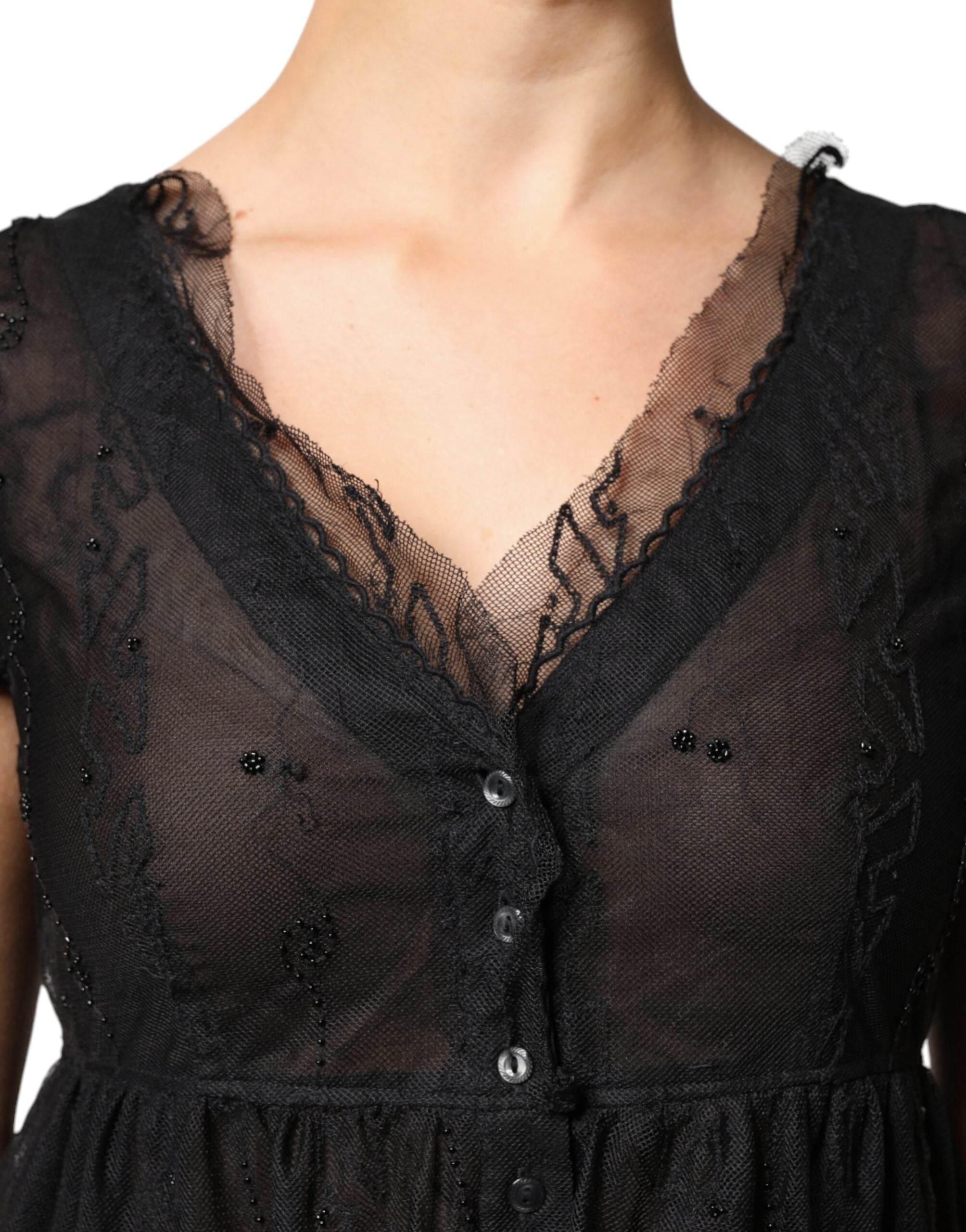 Blugirl Black Short Sleeves Floral Lace Trim A-line Mini Dress - Hilstor