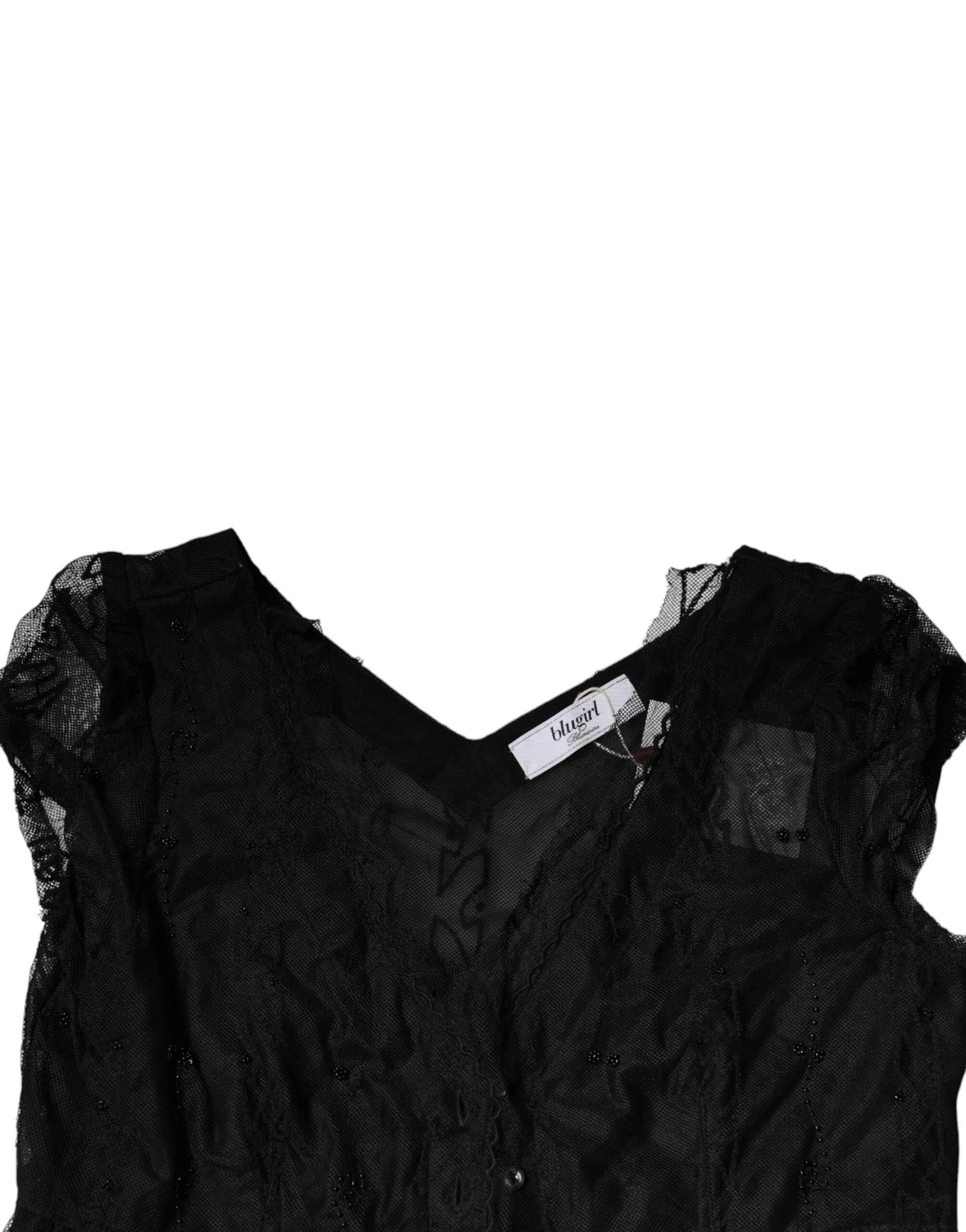 Blugirl Black Short Sleeves Floral Lace Trim A-line Mini Dress - Hilstor