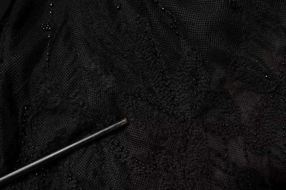 Blugirl Black Short Sleeves Floral Lace Trim A-line Mini Dress - Hilstor