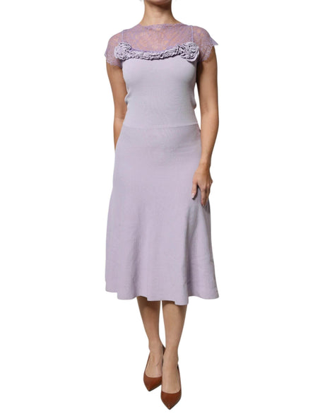Blumarine Purple Short Sleeves Floral Lace Trim A-line Midi Dress - Hilstor