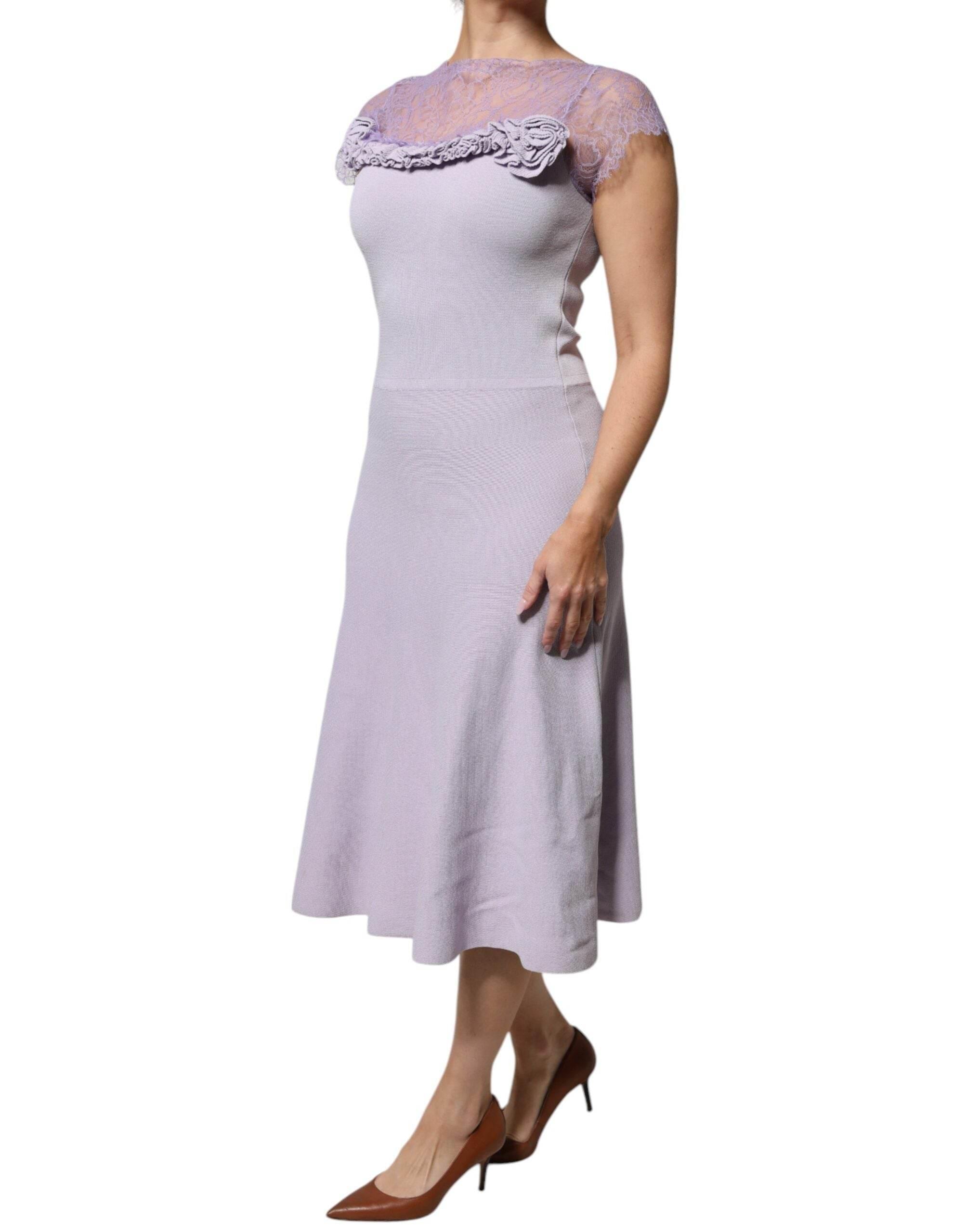 Blumarine Purple Short Sleeves Floral Lace Trim A-line Midi Dress - Hilstor