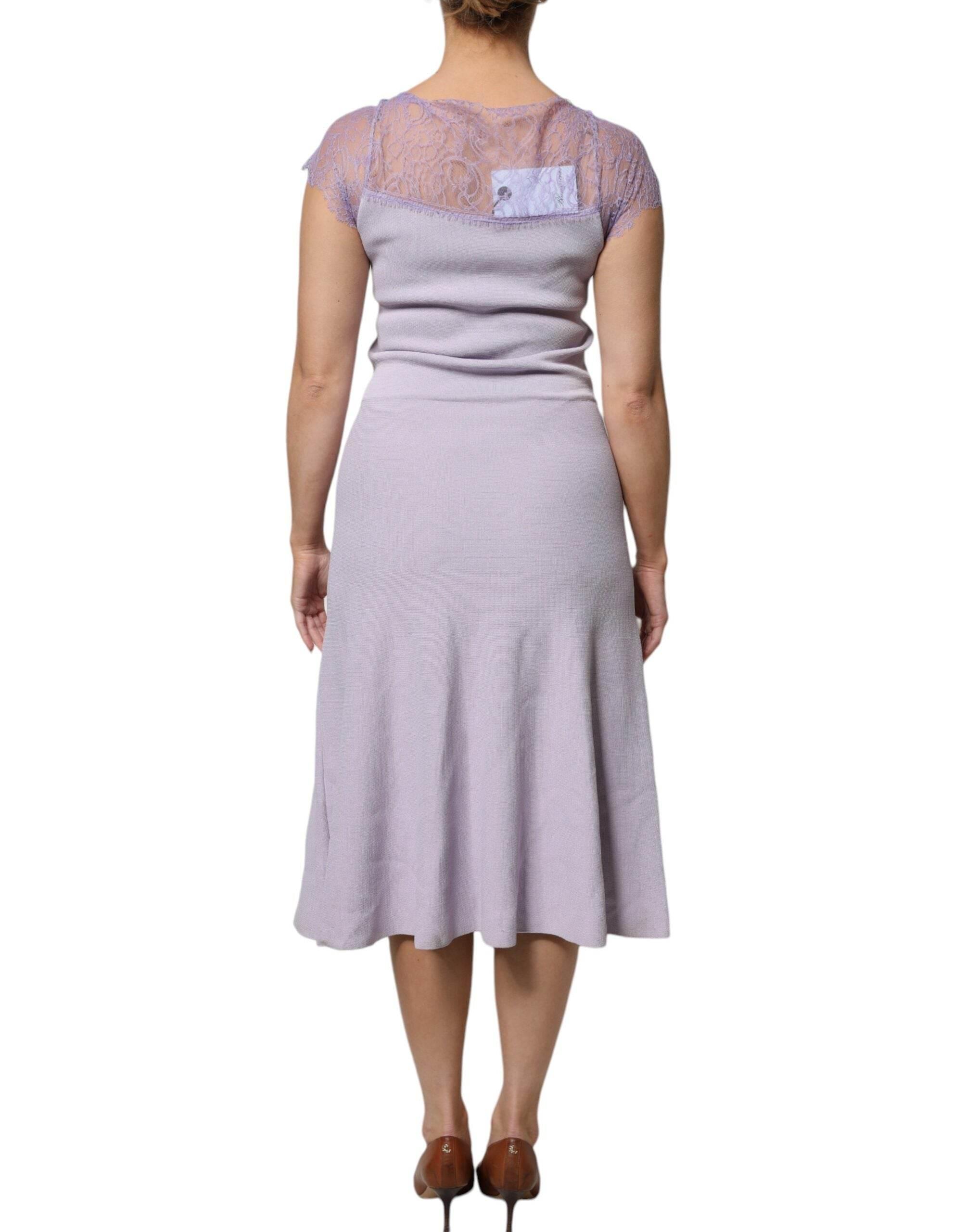Blumarine Purple Short Sleeves Floral Lace Trim A-line Midi Dress - Hilstor