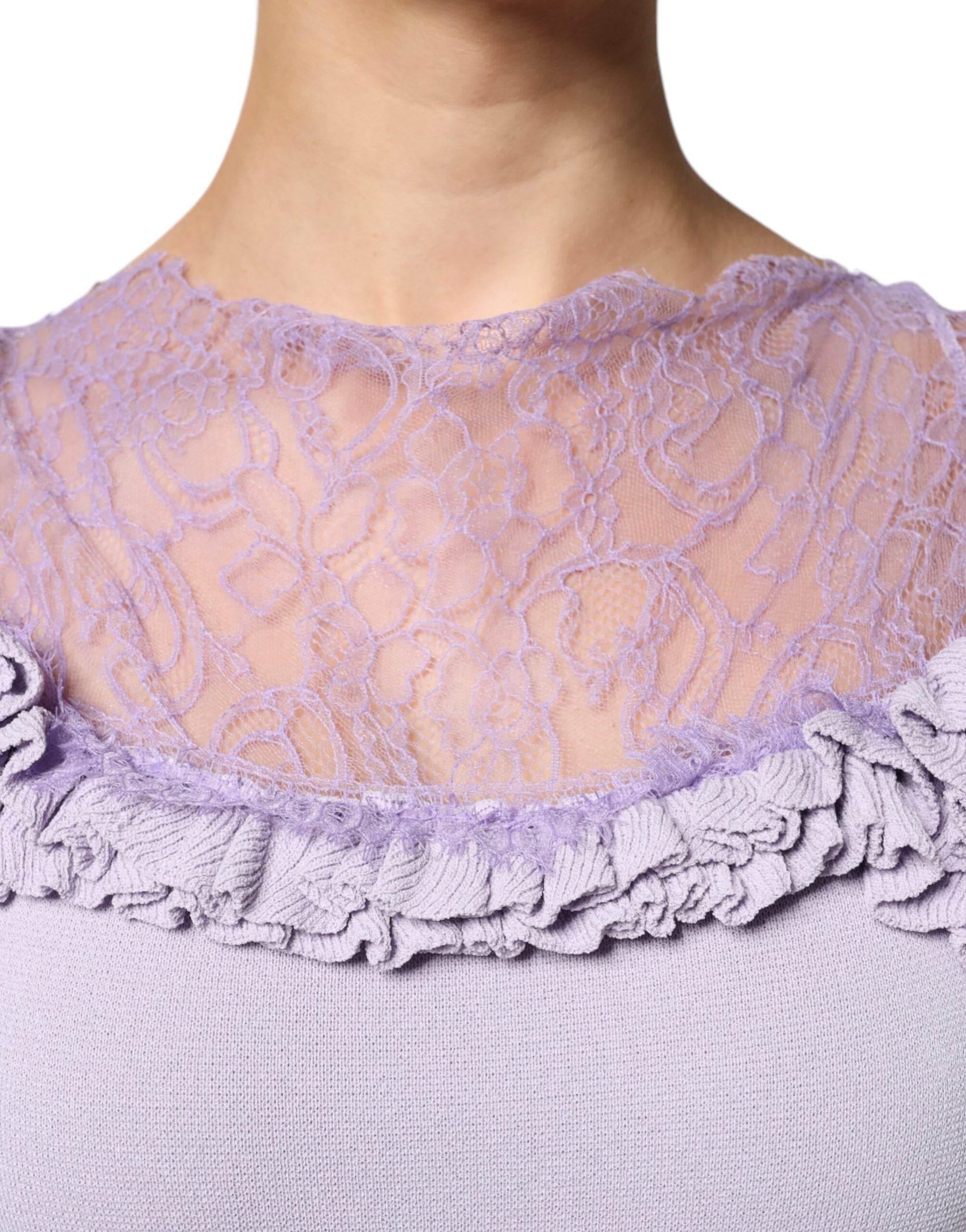 Blumarine Purple Short Sleeves Floral Lace Trim A-line Midi Dress - Hilstor